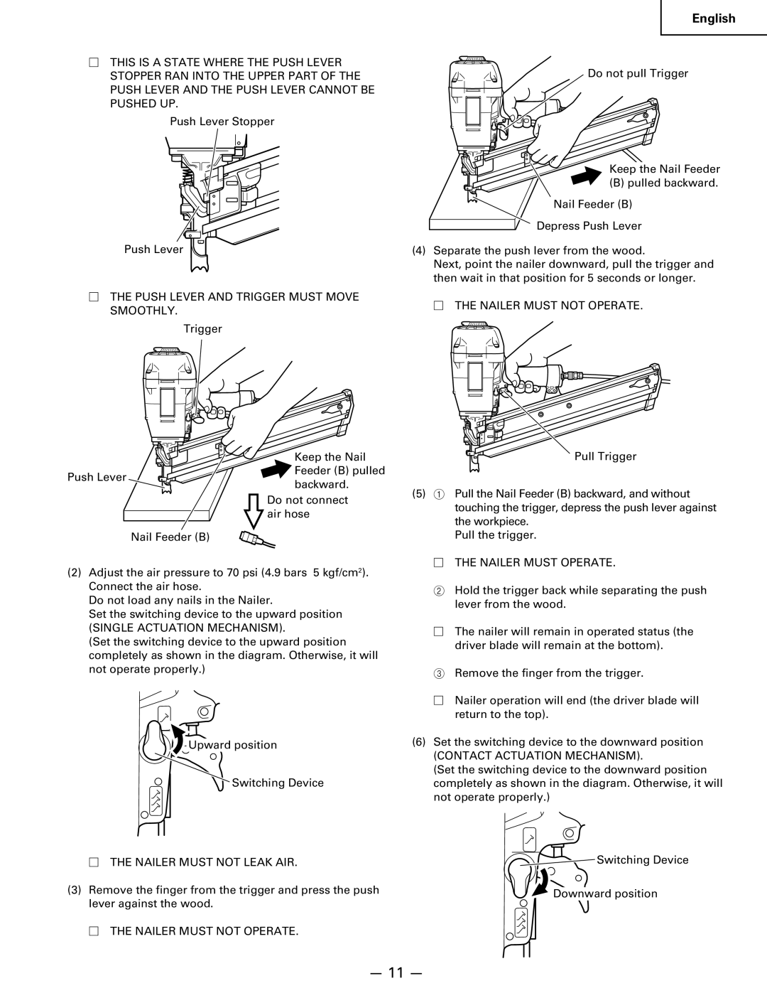 Hitachi Koki USA NR 90AC3 manual  the Push Lever and Trigger Must Move Smoothly,  the Nailer Must not Operate 