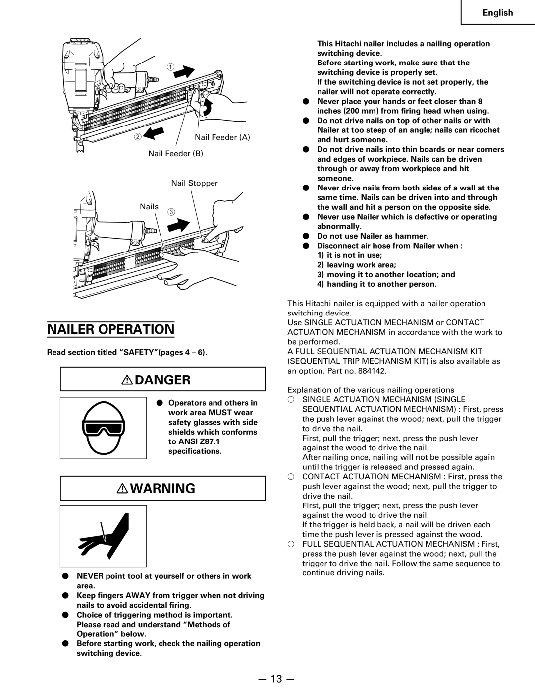 Hitachi Koki USA NR 90AC3 manual Nailer Operation 