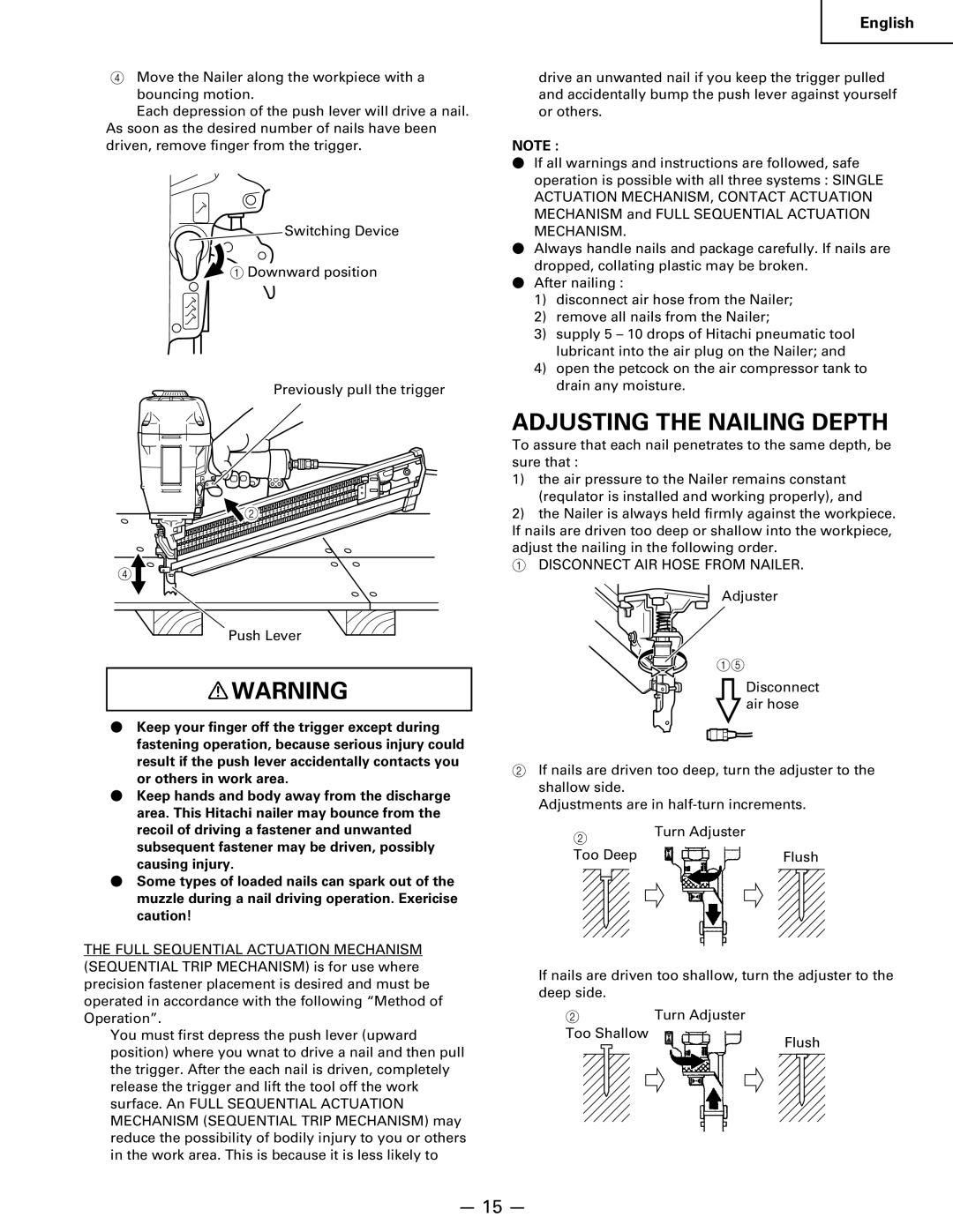 Hitachi Koki USA NR 90AC3 manual Adjusting the Nailing Depth, Disconnect AIR Hose from Nailer 