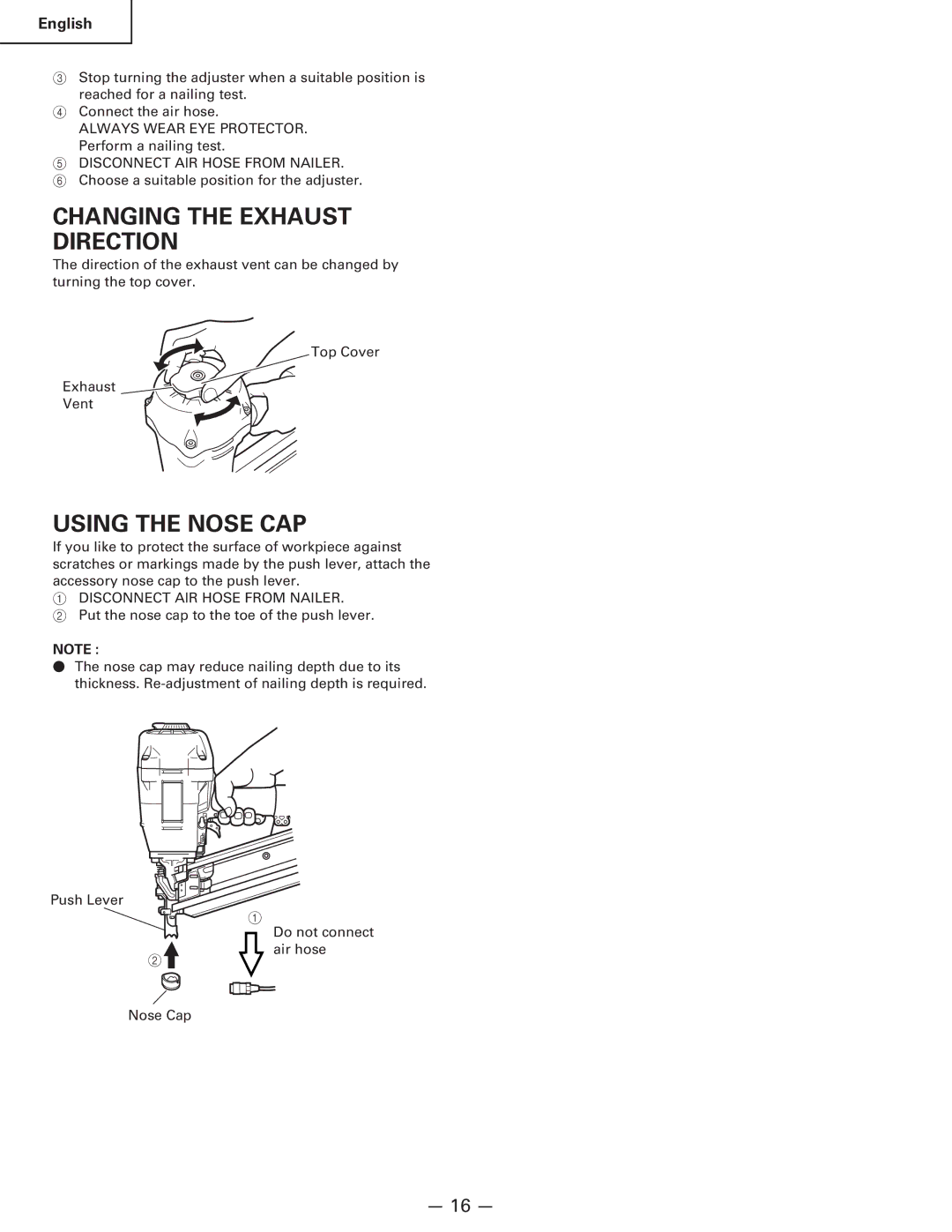 Hitachi Koki USA NR 90AC3 manual Changing the Exhaust Direction, Using the Nose CAP 