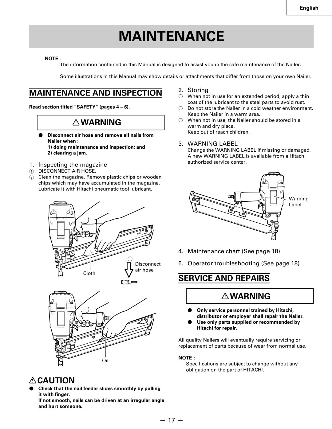 Hitachi Koki USA NR 90AC3 manual Maintenance and Inspection, Service and Repairs 