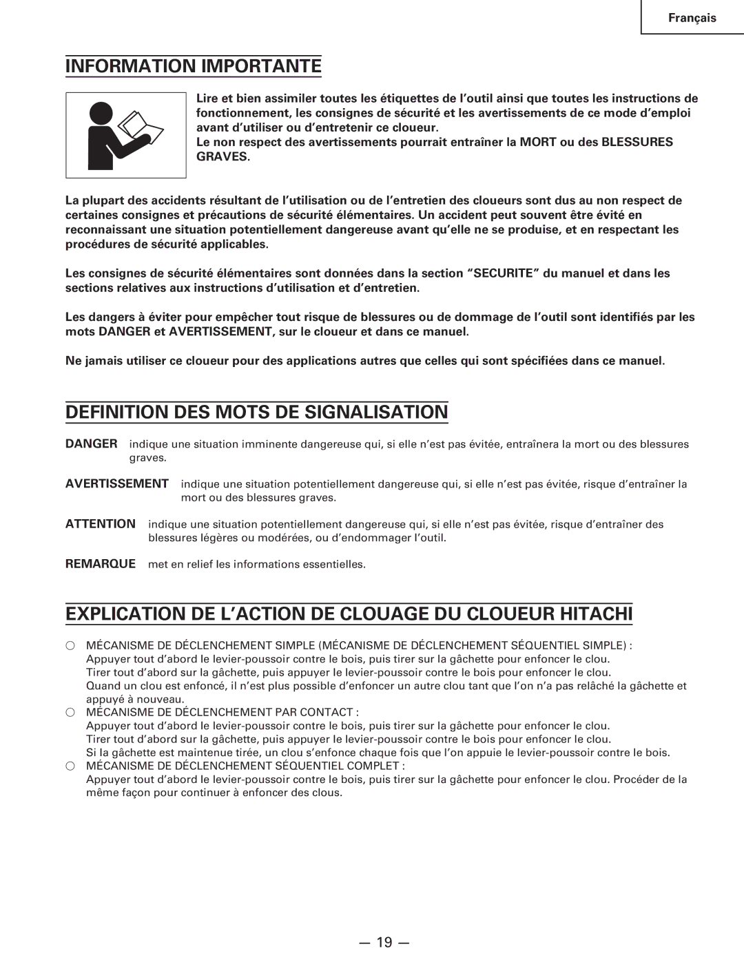 Hitachi Koki USA NR 90AC3 manual Information Importante, Definition DES Mots DE Signalisation 