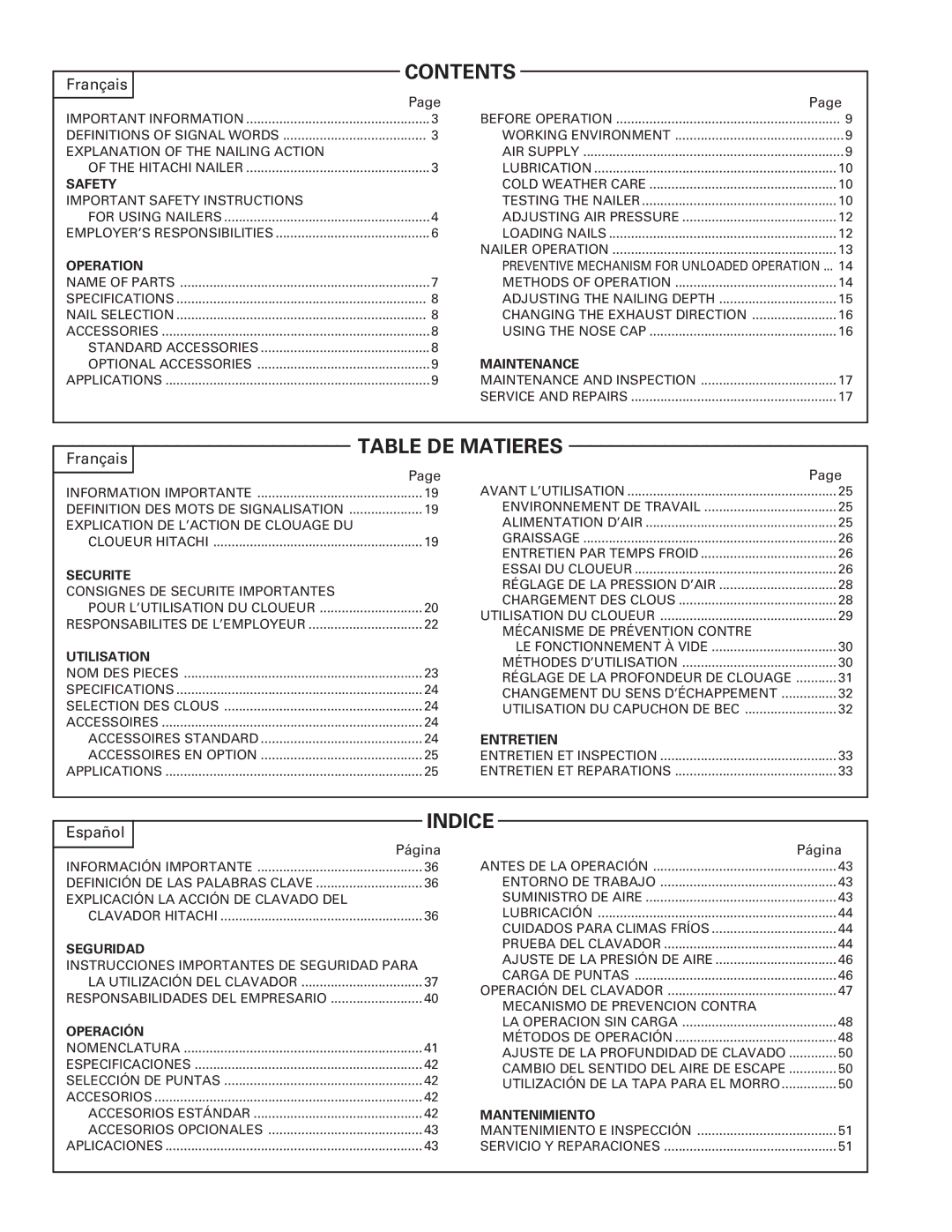 Hitachi Koki USA NR 90AC3 manual Contents 