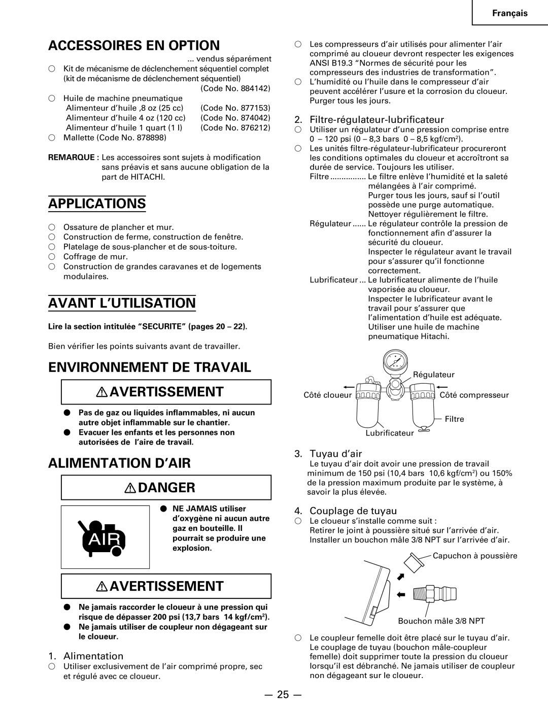 Hitachi Koki USA NR 90AC3 manual Accessoires EN Option, Avant L’UTILISATION, Environnement DE Travail Avertissement 