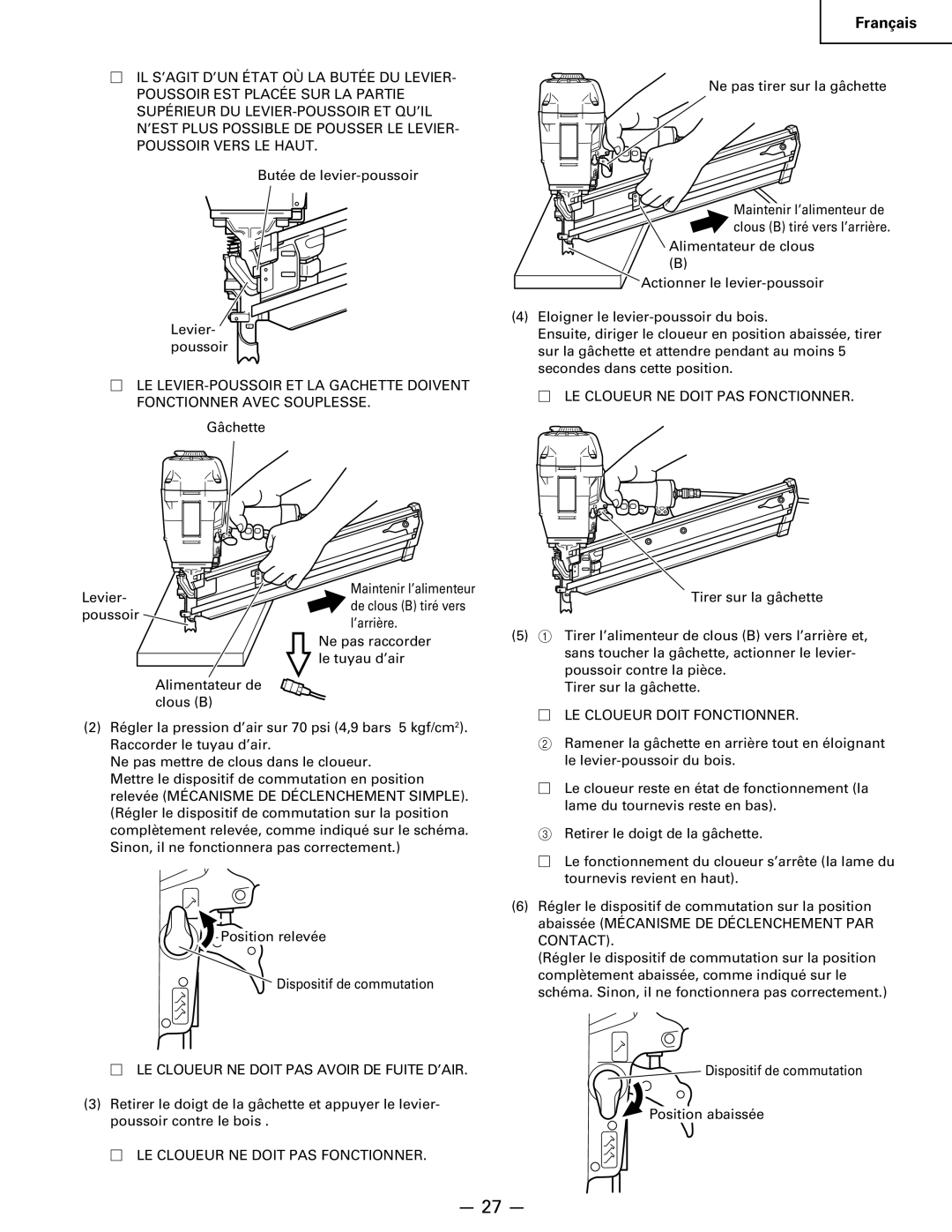 Hitachi Koki USA NR 90AC3 manual LE Cloueur NE Doit PAS Fonctionner, LE Cloueur NE Doit PAS Avoir DE Fuite D’AIR 