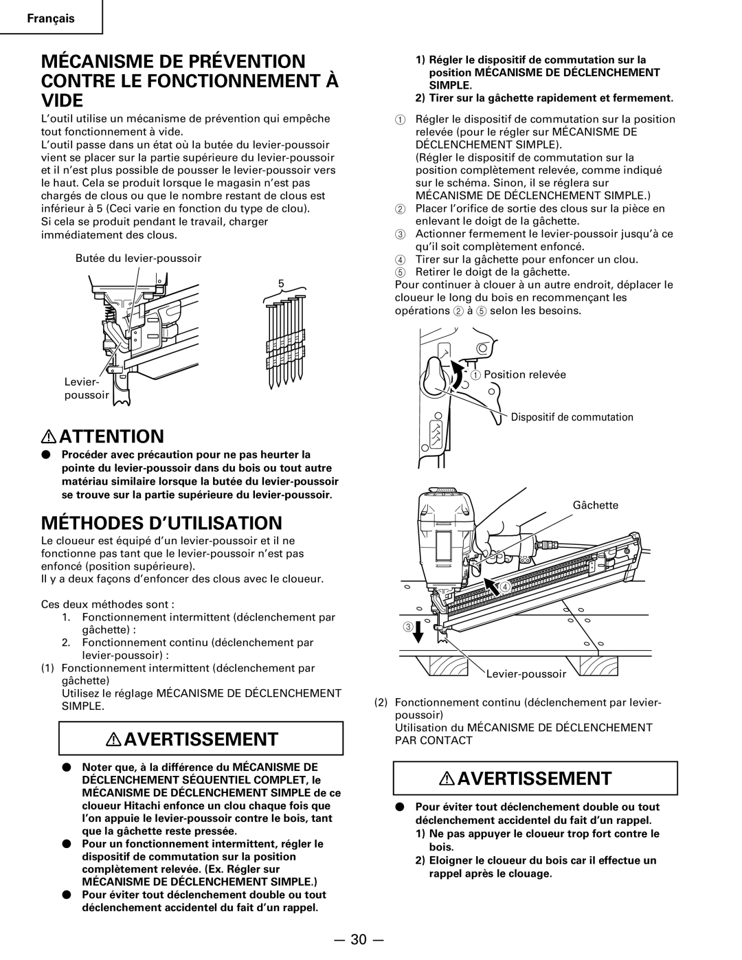 Hitachi Koki USA NR 90AC3 manual Mécanisme DE Prévention Contre LE Fonctionnement À Vide, Méthodes D’UTILISATION 