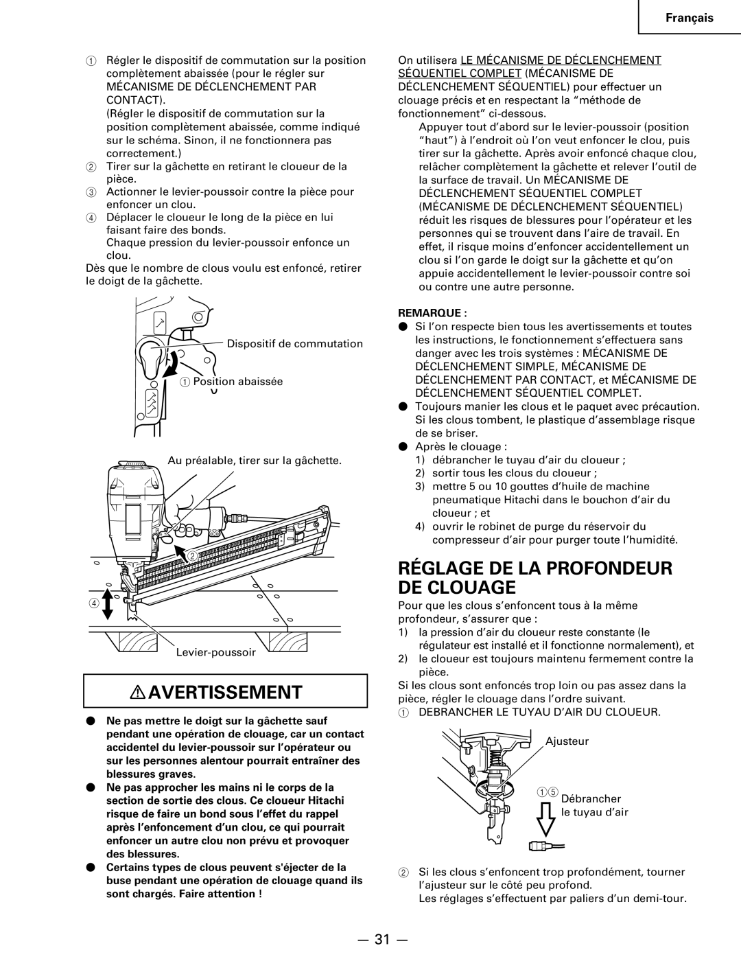 Hitachi Koki USA NR 90AC3 manual Réglage DE LA Profondeur DE Clouage, Debrancher LE Tuyau D’AIR DU Cloueur 