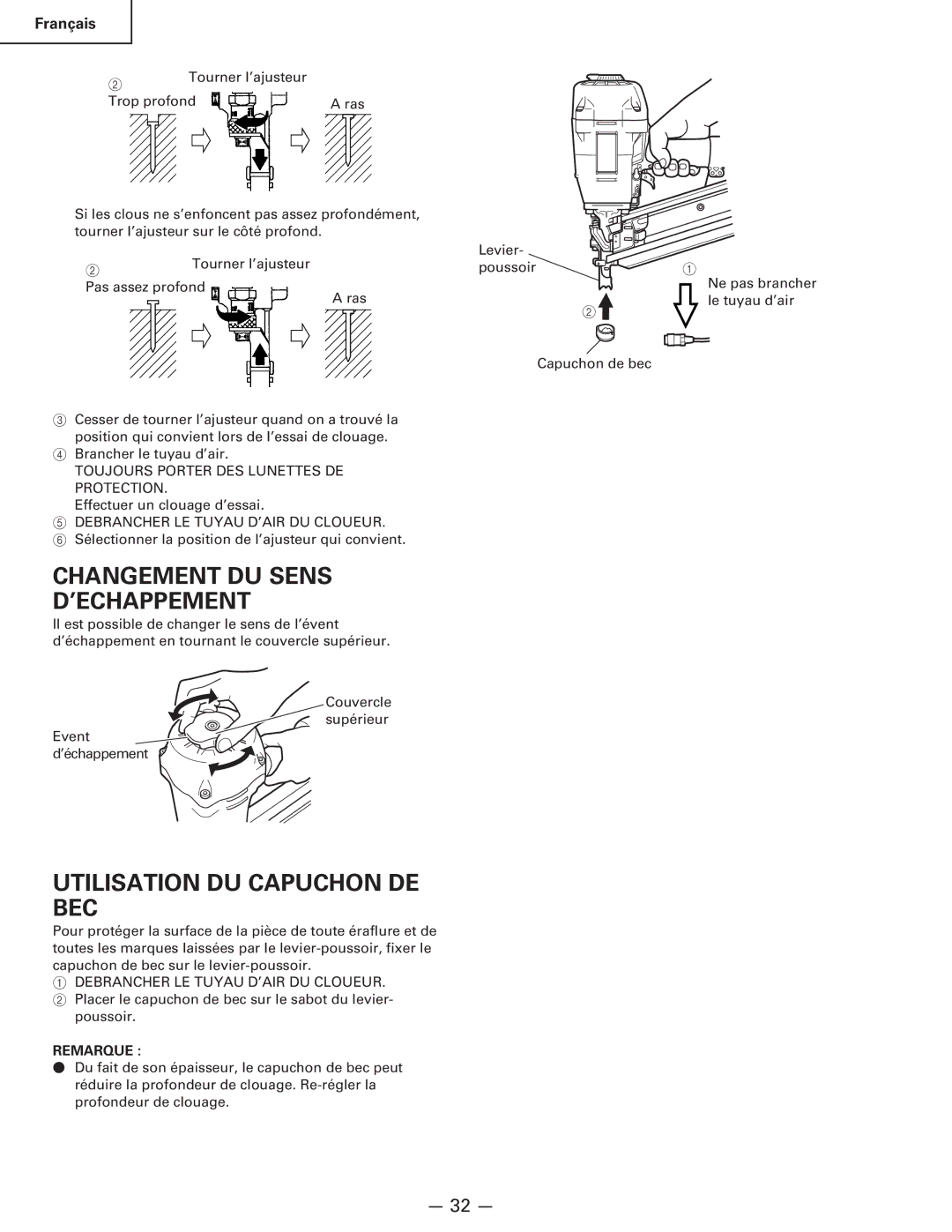 Hitachi Koki USA NR 90AC3 manual Changement DU Sens ’ECHAPPEMENT, Utilisation DU Capuchon DE BEC 