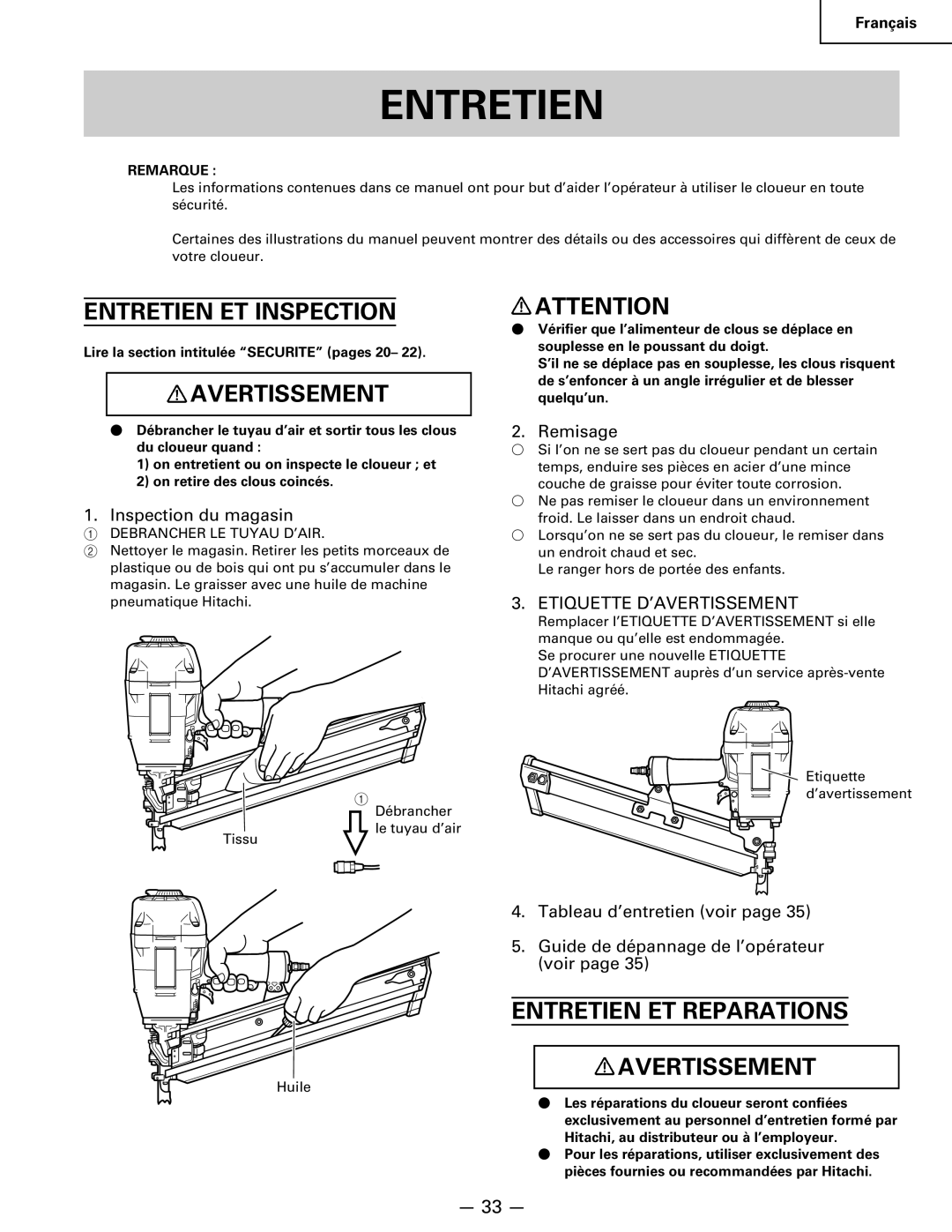 Hitachi Koki USA NR 90AC3 manual Entretien ET Inspection, Entretien ET Reparations Avertissement, Inspection du magasin 