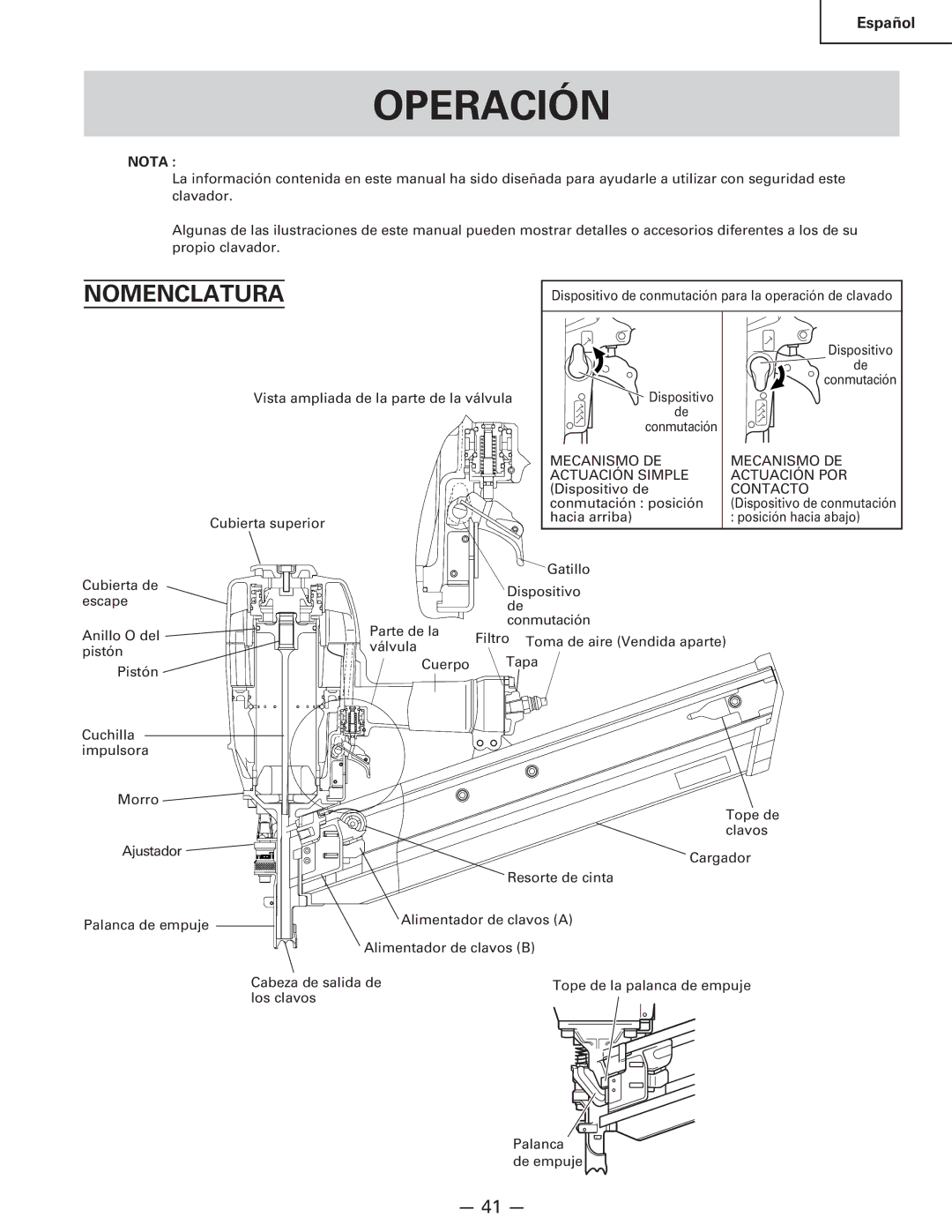 Hitachi Koki USA NR 90AC3 manual Operación, Nomenclatura, Mecanismo DE Actuación Simple Actuación POR, Contacto 