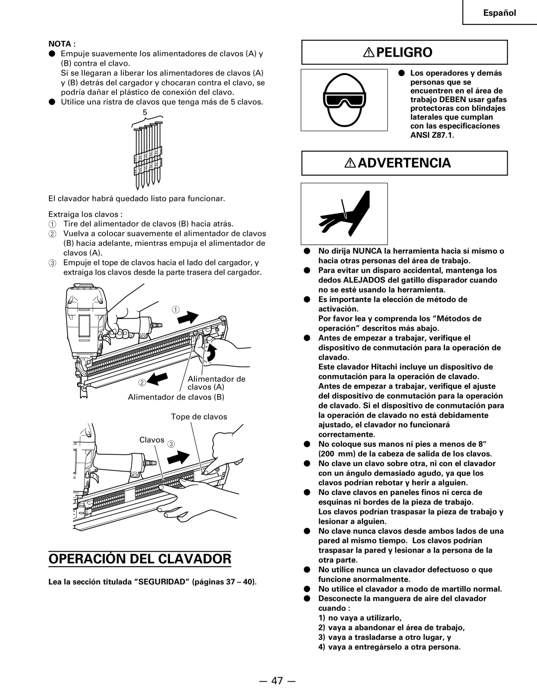 Hitachi Koki USA NR 90AC3 manual Operación DEL Clavador, Peligro 