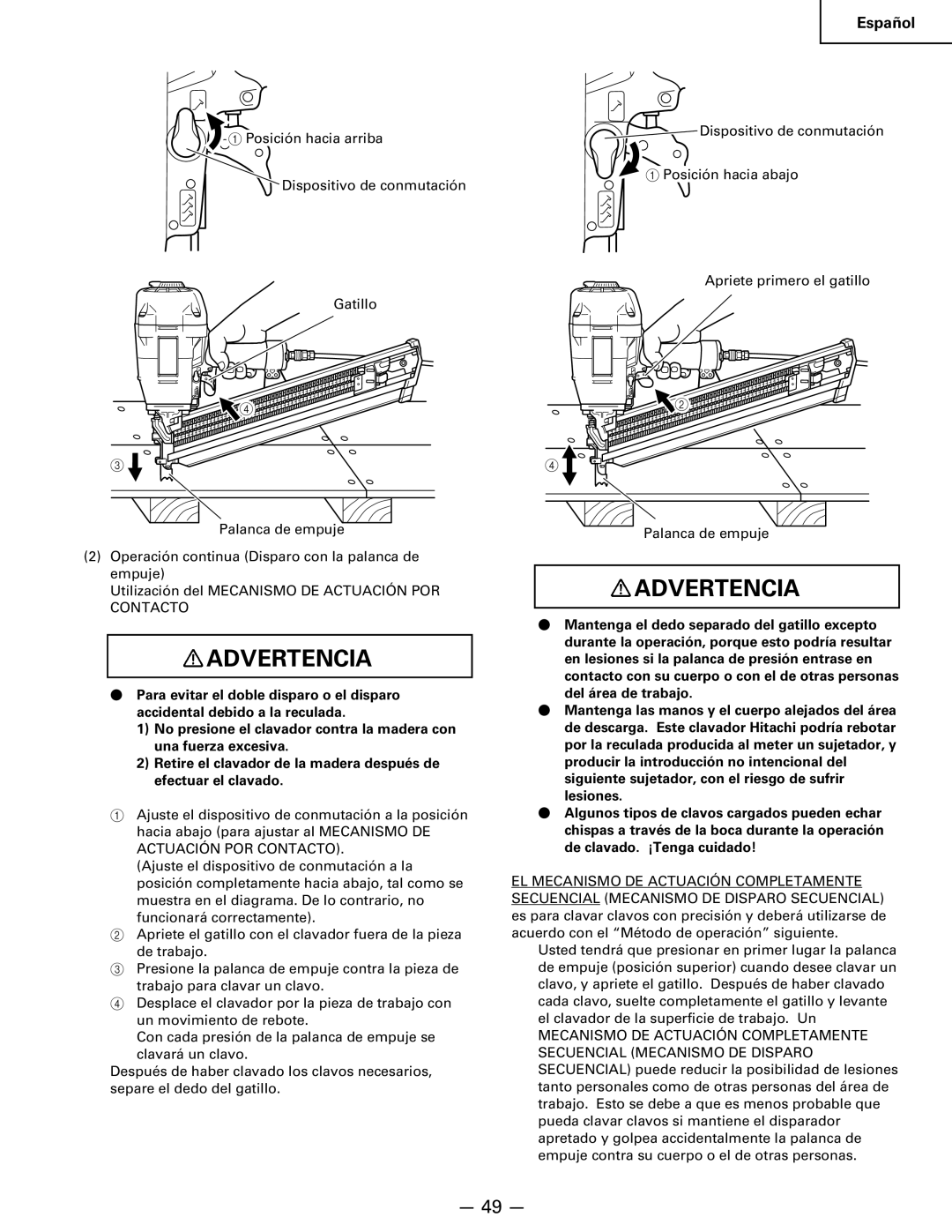 Hitachi Koki USA NR 90AC3 manual Advertencia 