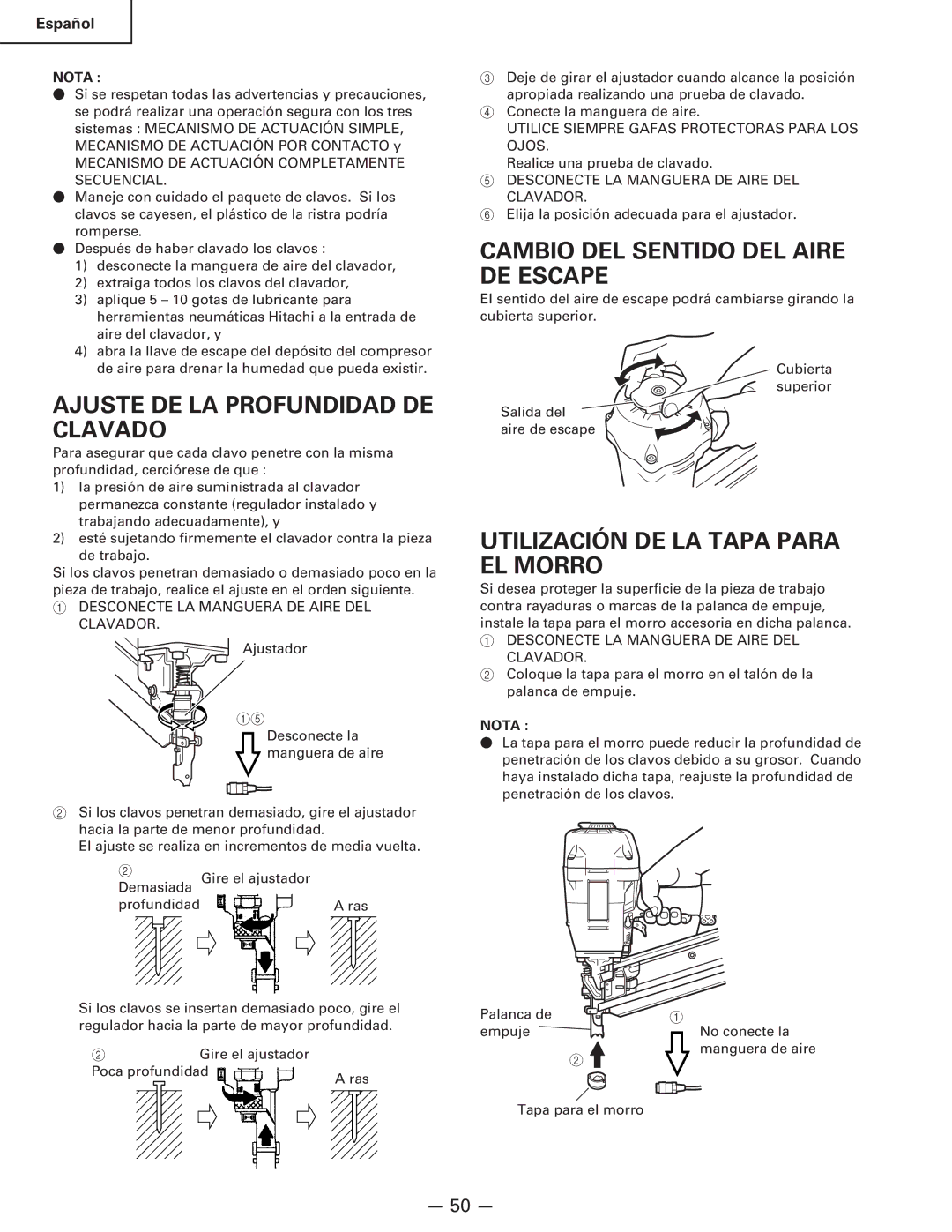 Hitachi Koki USA NR 90AC3 manual Ajuste DE LA Profundidad DE Clavado, Cambio DEL Sentido DEL Aire DE Escape 