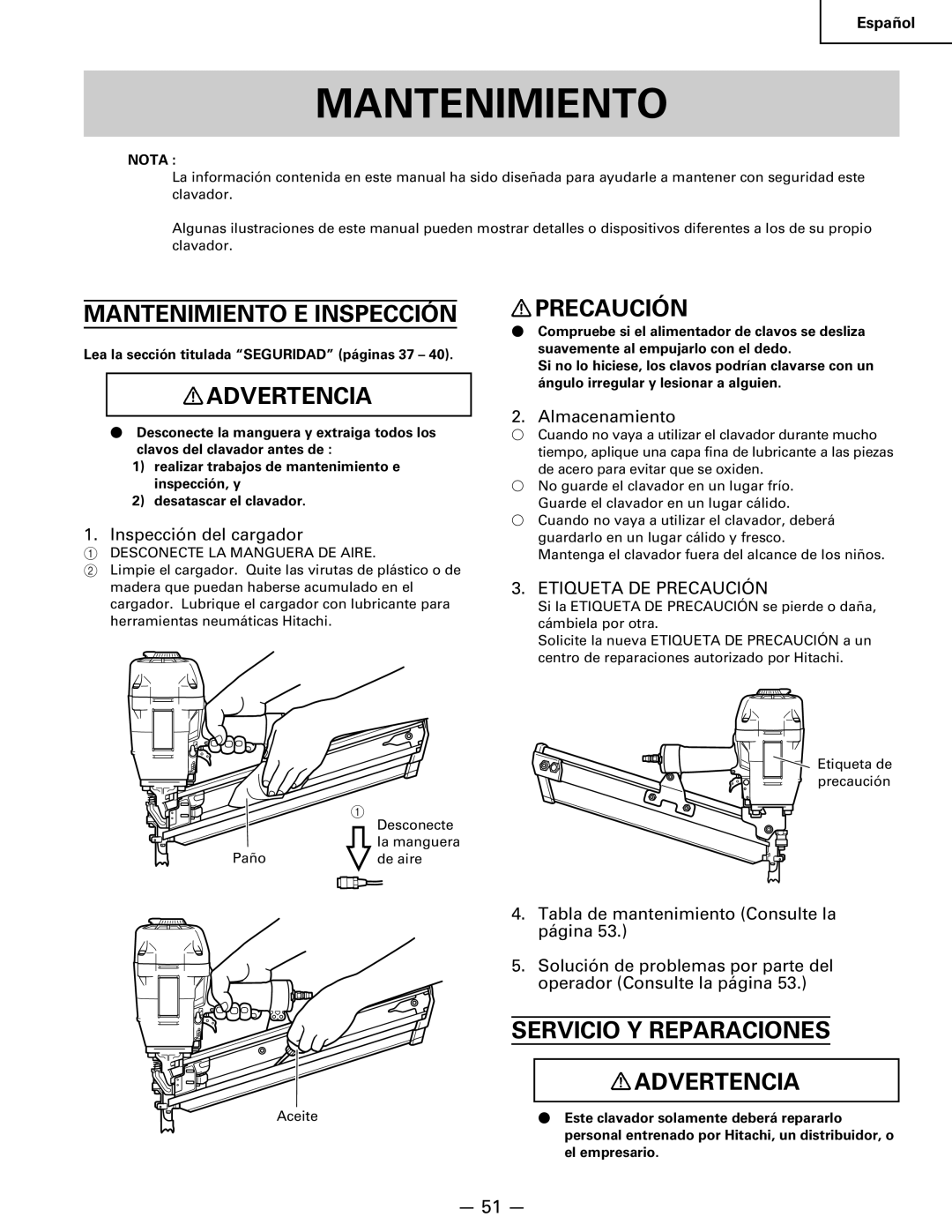 Hitachi Koki USA NR 90AC3 Mantenimiento E Inspección, Servicio Y Reparaciones Advertencia, Inspección del cargador 