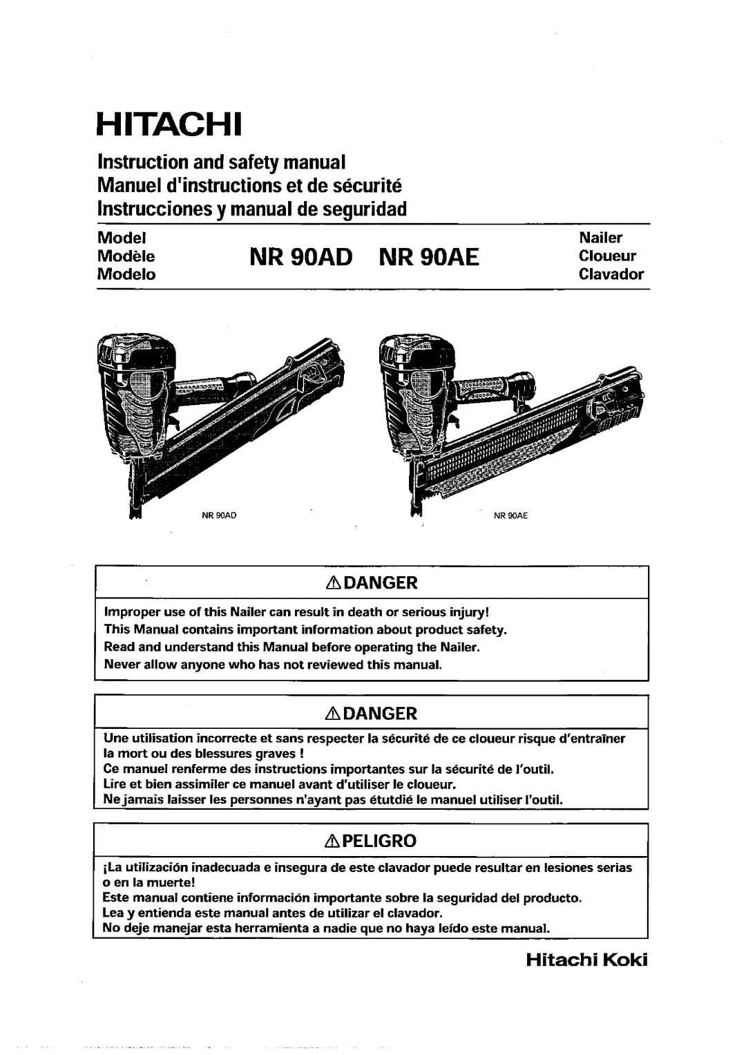 Hitachi Koki USA NR 90AD, NR 90AE manual 