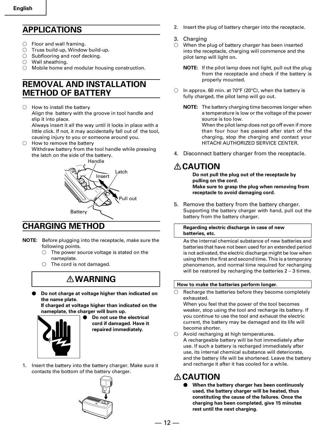 Hitachi Koki USA NR 90GC manual Applications, Removal and Installation Method of Battery, Charging Method 