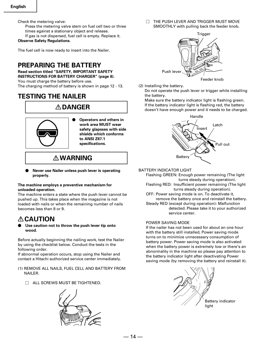 Hitachi Koki USA NR 90GC manual Preparing the Battery, Testing the Nailer, Observe Safety Regulations 