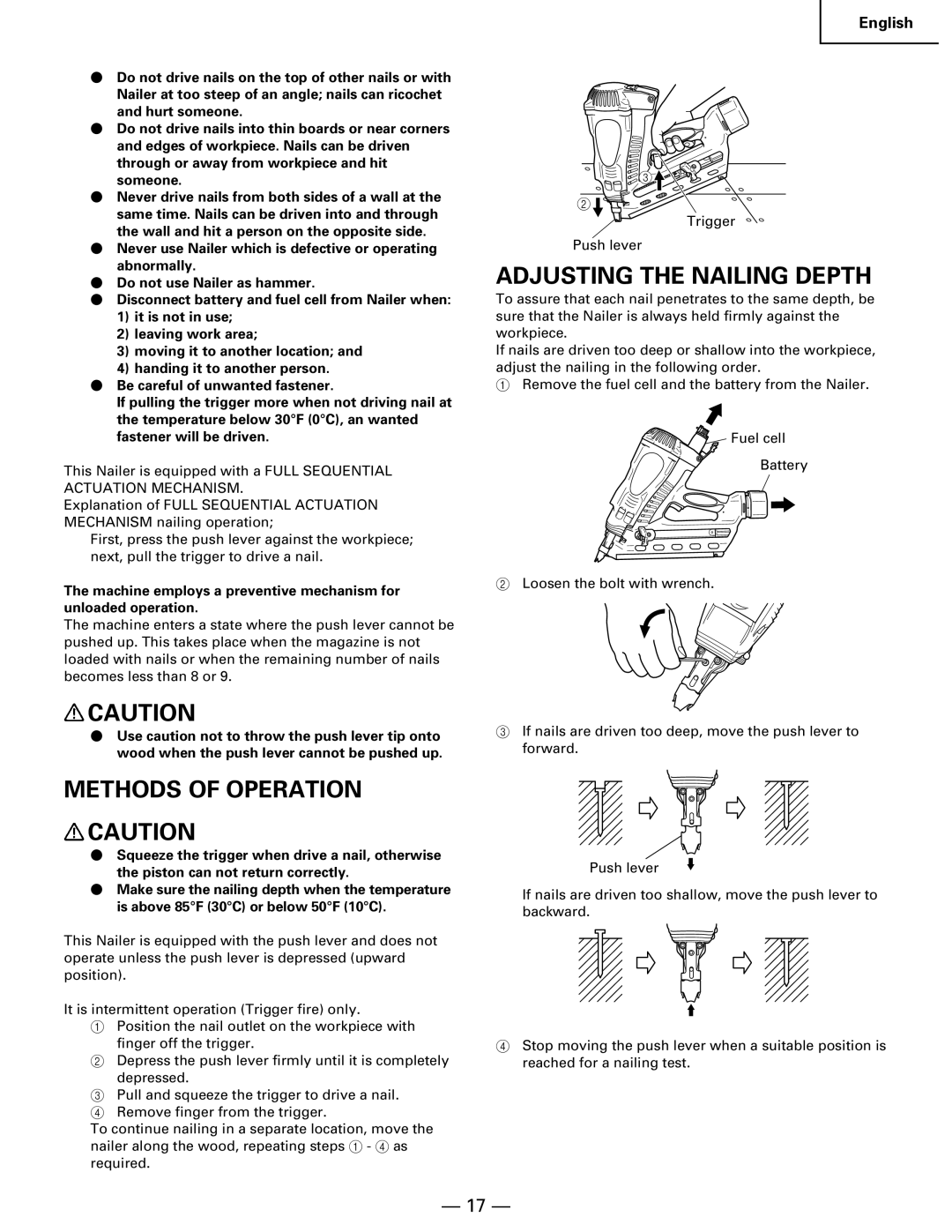 Hitachi Koki USA NR 90GC manual Methods of Operation, Adjusting the Nailing Depth 