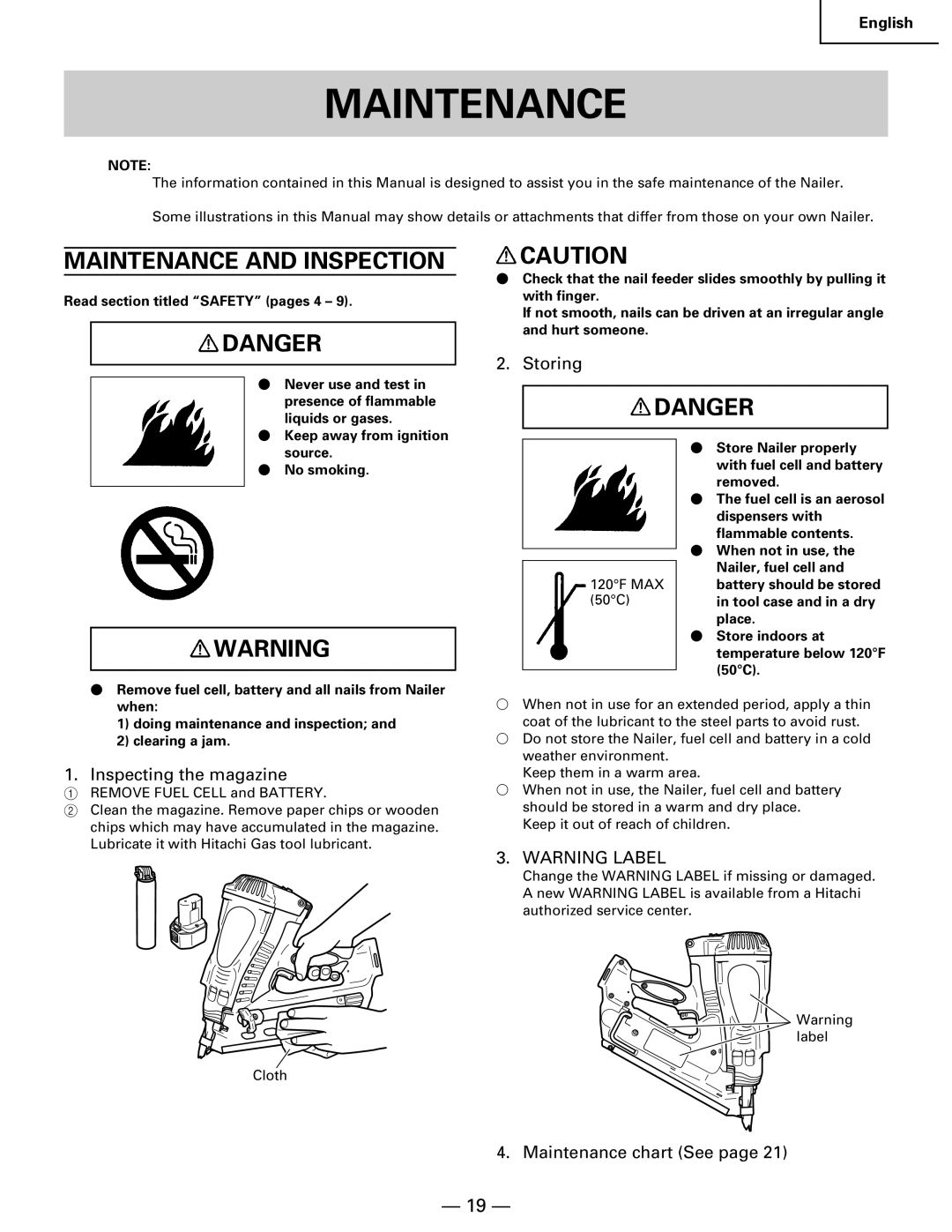 Hitachi Koki USA NR 90GC manual Maintenance and Inspection, Keep away from ignition source No smoking 