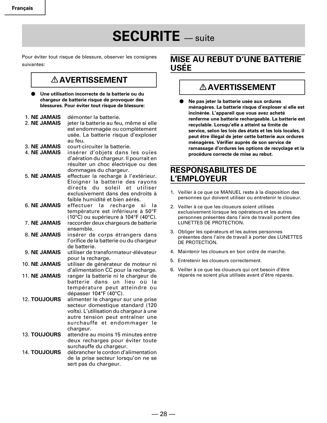 Hitachi Koki USA NR 90GC manual Mise AU Rebut D’UNE Batterie Usée Avertissement, Responsabilites DE ’EMPLOYEUR 