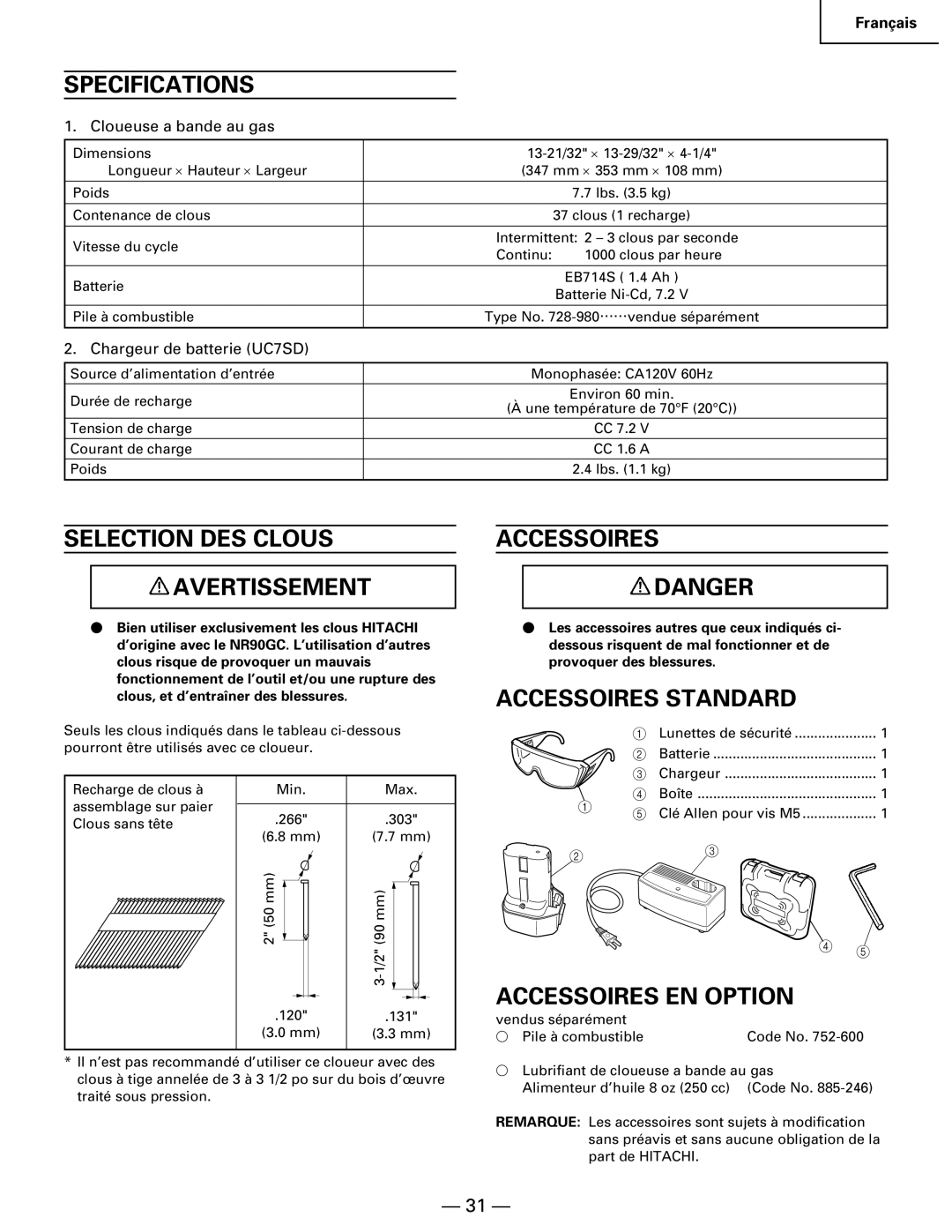 Hitachi Koki USA NR 90GC manual Selection DES Clous Avertissement, Accessoires Standard, Accessoires EN Option 