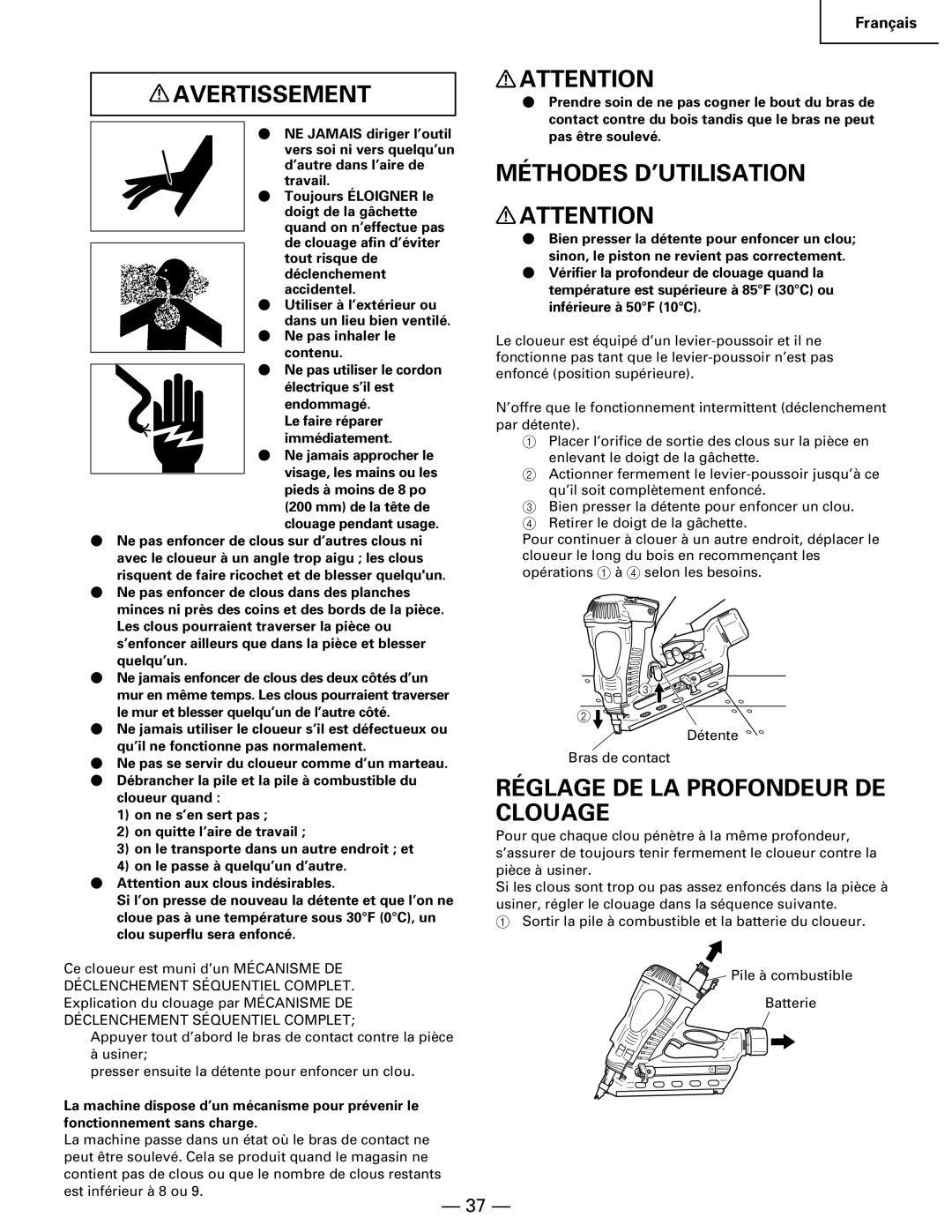 Hitachi Koki USA NR 90GC manual Méthodes D’UTILISATION, Réglage DE LA Profondeur DE Clouage 