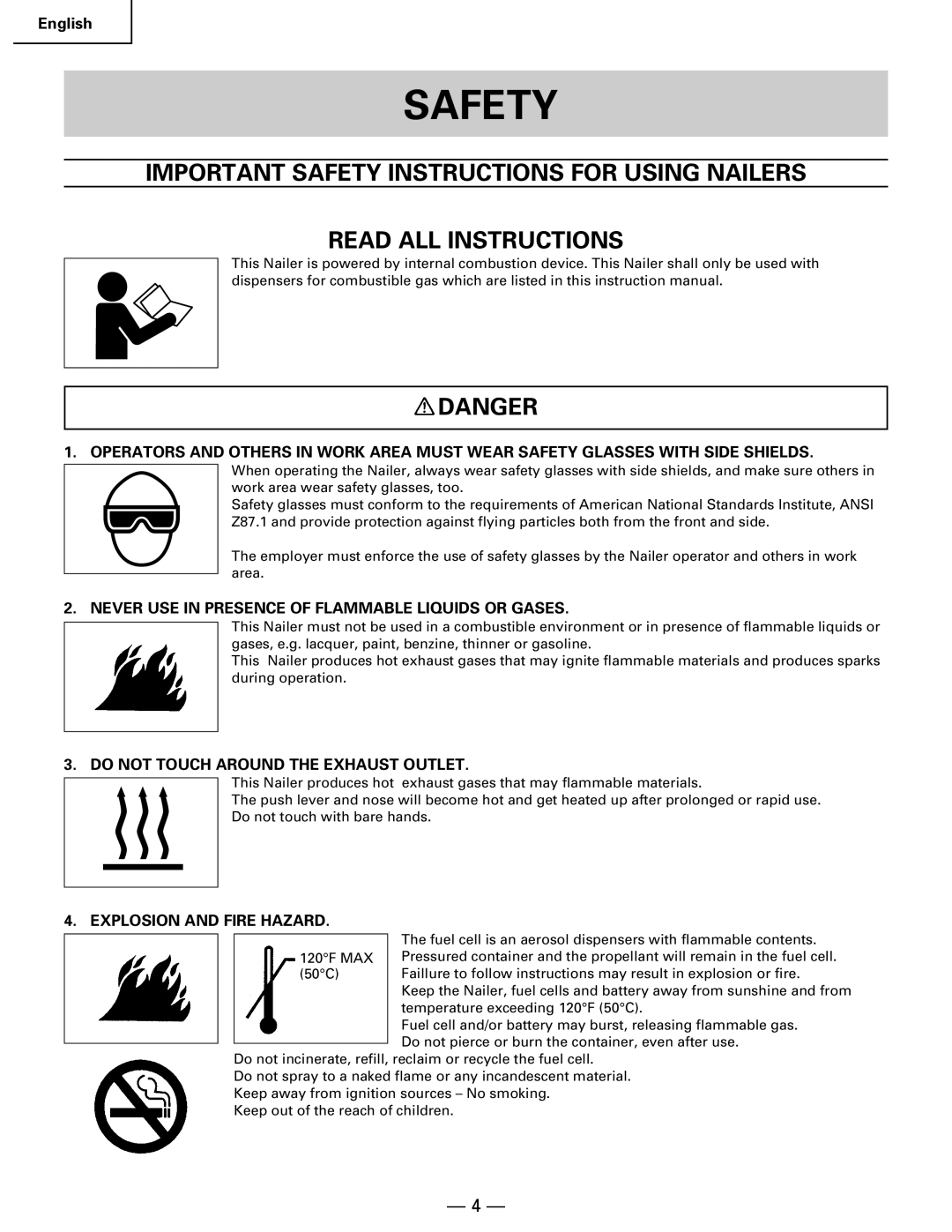 Hitachi Koki USA NR 90GC manual Safety, Never USE in Presence of Flammable Liquids or Gases, Explosion and Fire Hazard 