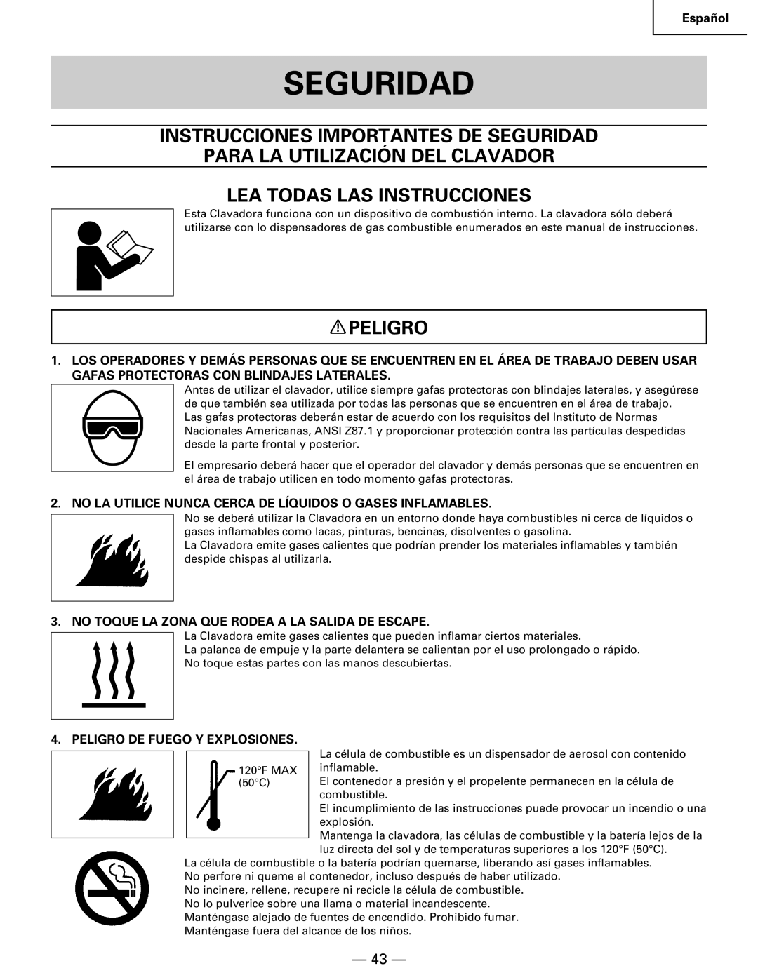 Hitachi Koki USA NR 90GC manual Seguridad, No LA Utilice Nunca Cerca DE Líquidos O Gases Inflamables 