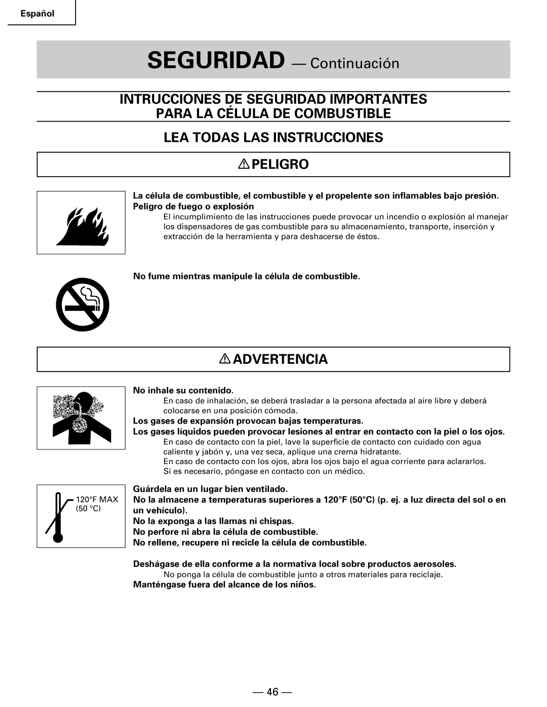 Hitachi Koki USA NR 90GC manual No fume mientras manipule la célula de combustible 