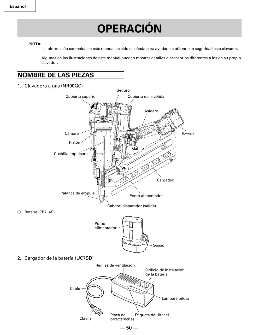 Hitachi Koki USA NR 90GC manual Operación, Nombre DE LAS Piezas 