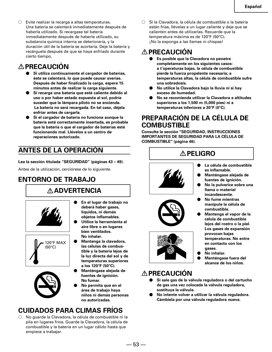 Hitachi Koki USA NR 90GC Antes DE LA Operación, Entorno DE Trabajo Advertencia, Preparación DE LA Célula DE Combustible 