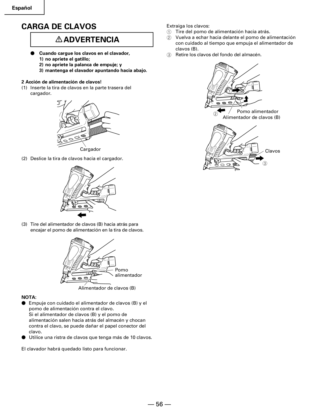 Hitachi Koki USA NR 90GC manual Carga DE Clavos Advertencia 