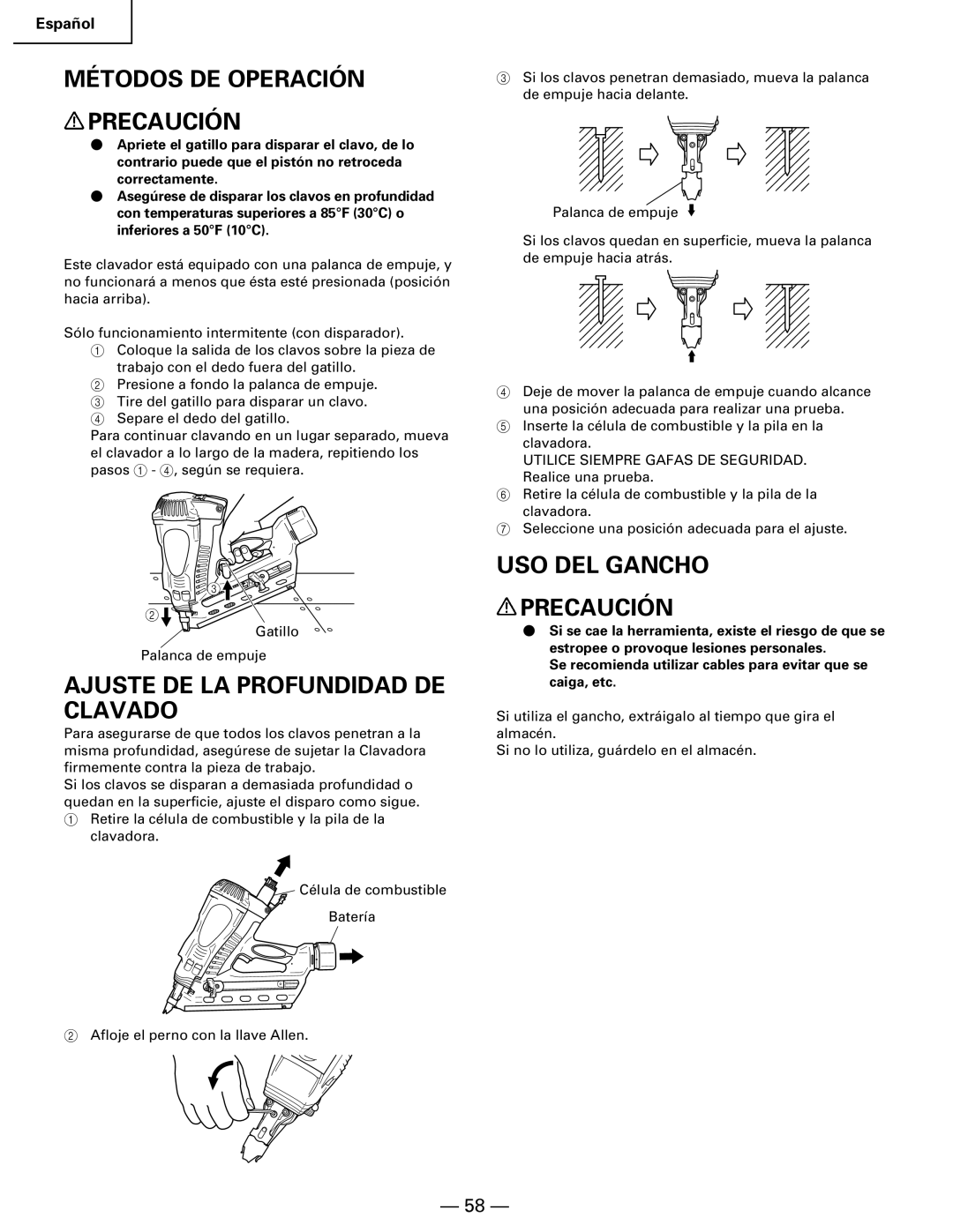 Hitachi Koki USA NR 90GC Métodos DE Operación Precaución, Ajuste DE LA Profundidad DE Clavado, USO DEL Gancho Precaución 