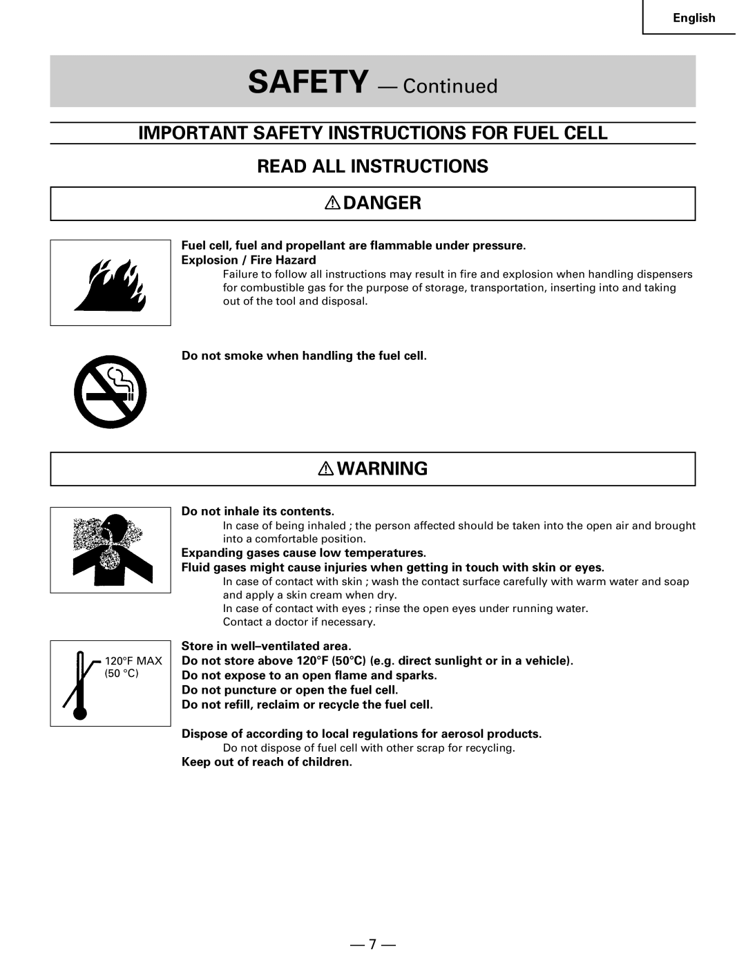 Hitachi Koki USA NR 90GC manual Do not smoke when handling the fuel cell 