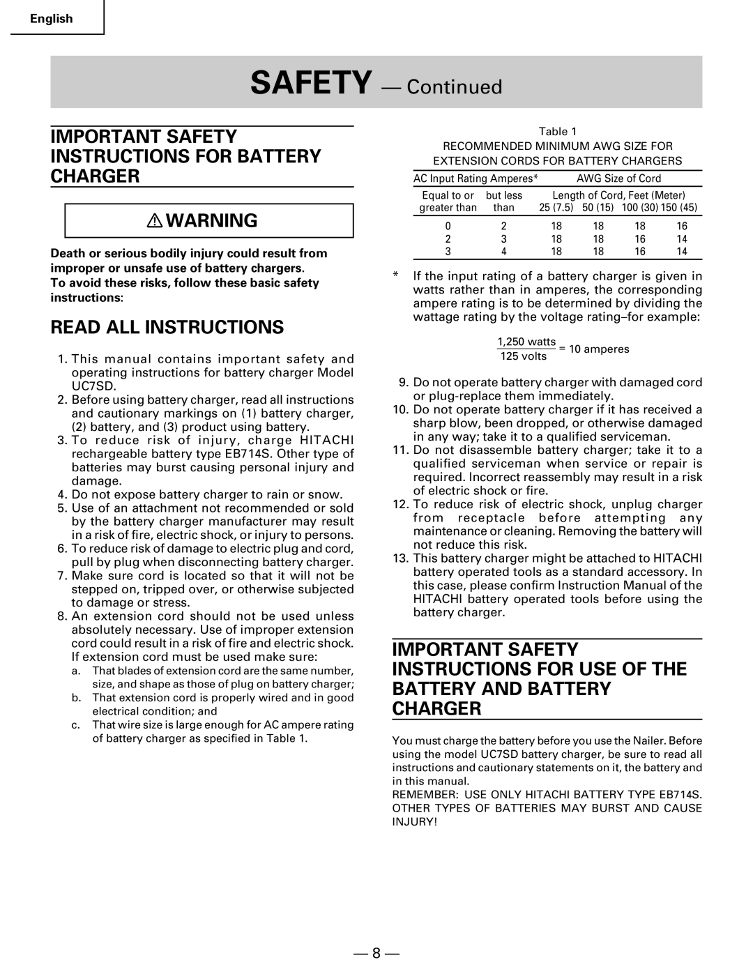 Hitachi Koki USA NR 90GC manual Important Safety Instructions for Battery Charger 