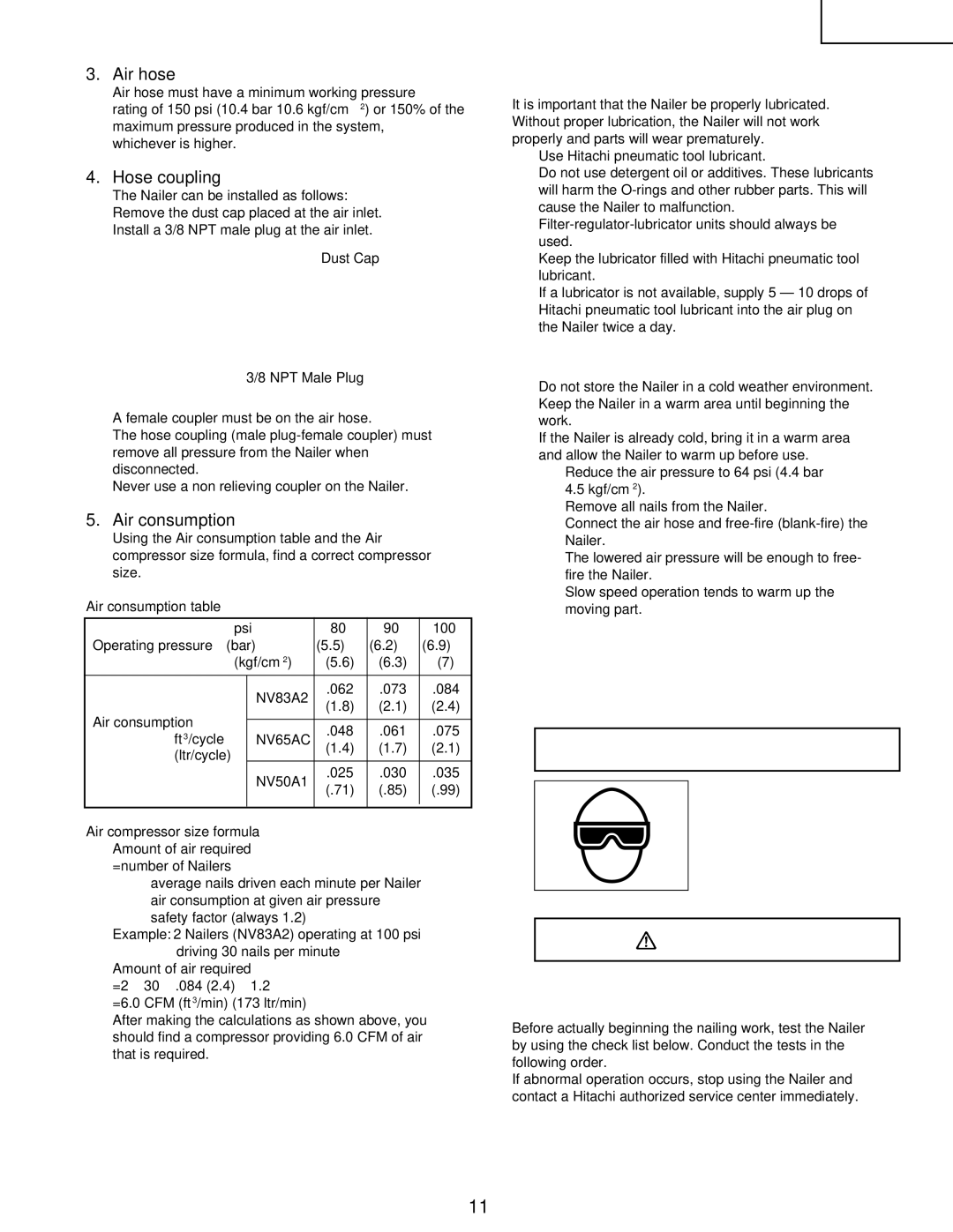 Hitachi Koki USA NV 50A1, NV65AC, NV83a2 manual Lubrication, Cold Weather Care, Testing the Nailer 