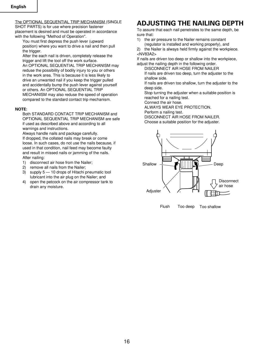 Hitachi Koki USA NV83a2, NV65AC, NV 50A1 manual Adjusting the Nailing Depth, Disconnect AIR Hose from Nailer 