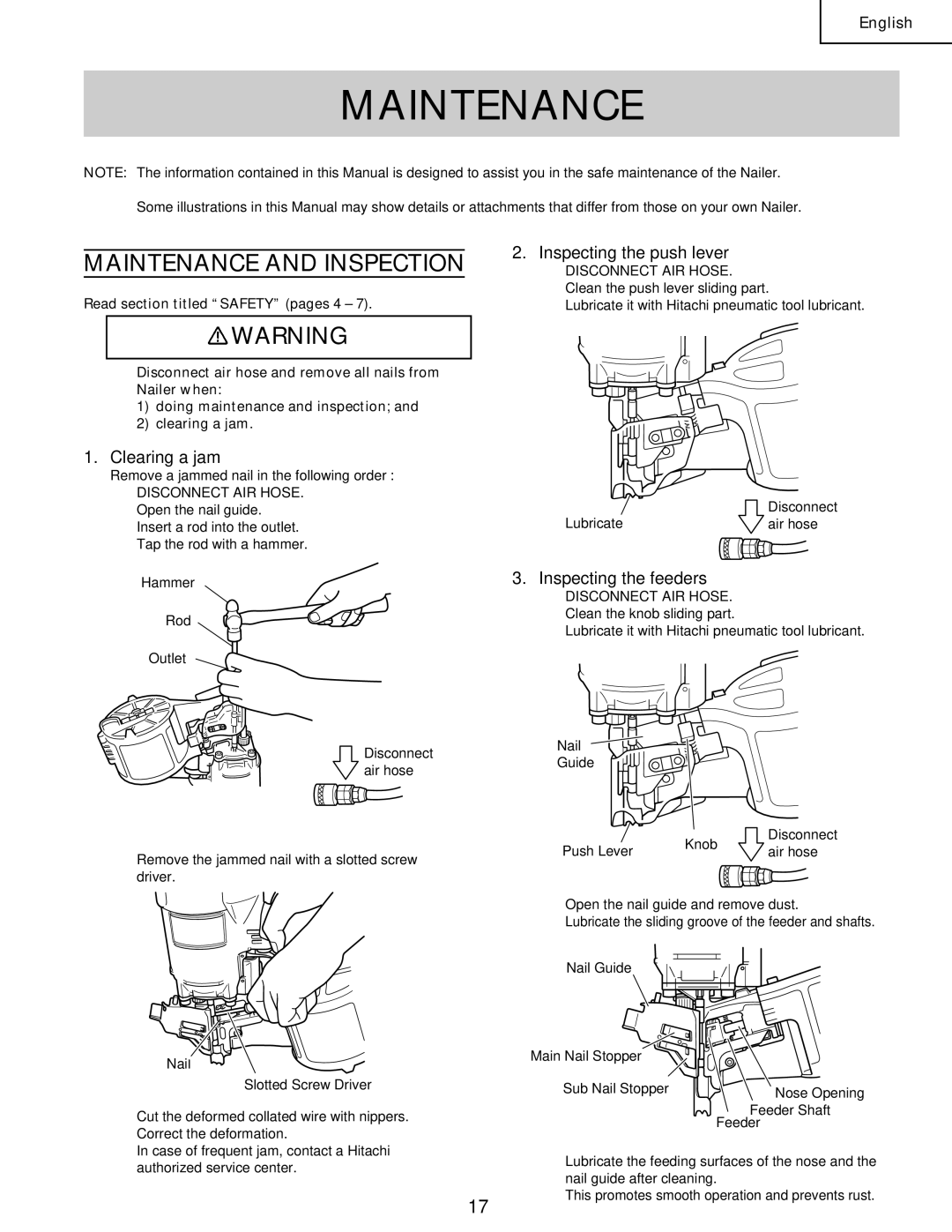 Hitachi Koki USA NV 50A1 Maintenance and Inspection, Clearing a jam, Inspecting the push lever, Inspecting the feeders 