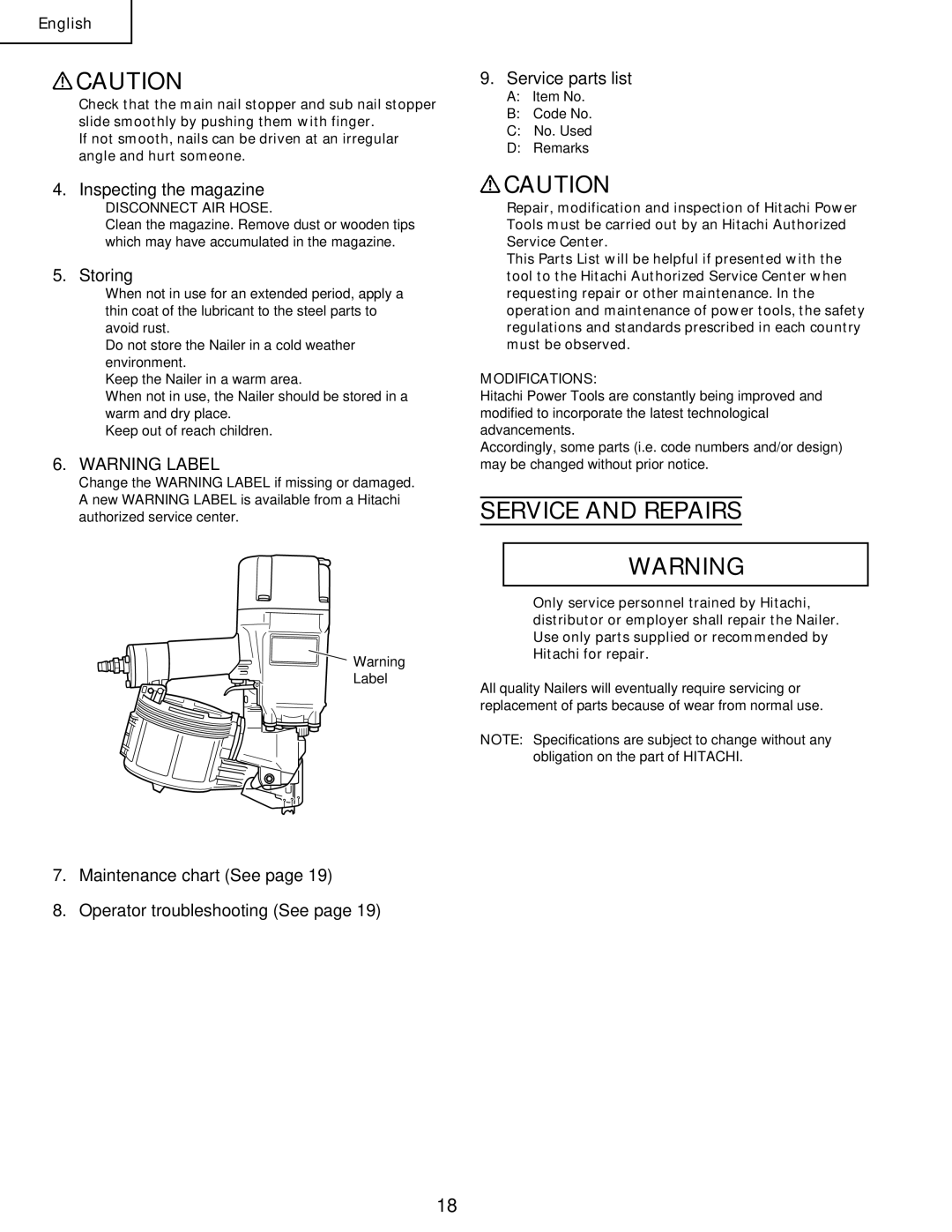 Hitachi Koki USA NV65AC, NV83a2, NV 50A1 manual Service and Repairs, Inspecting the magazine, Storing, Service parts list 