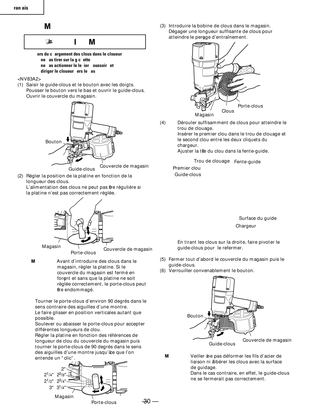 Hitachi Koki USA NV65AC, NV83a2, NV 50A1 manual Chargement DES Clous Avertissement 