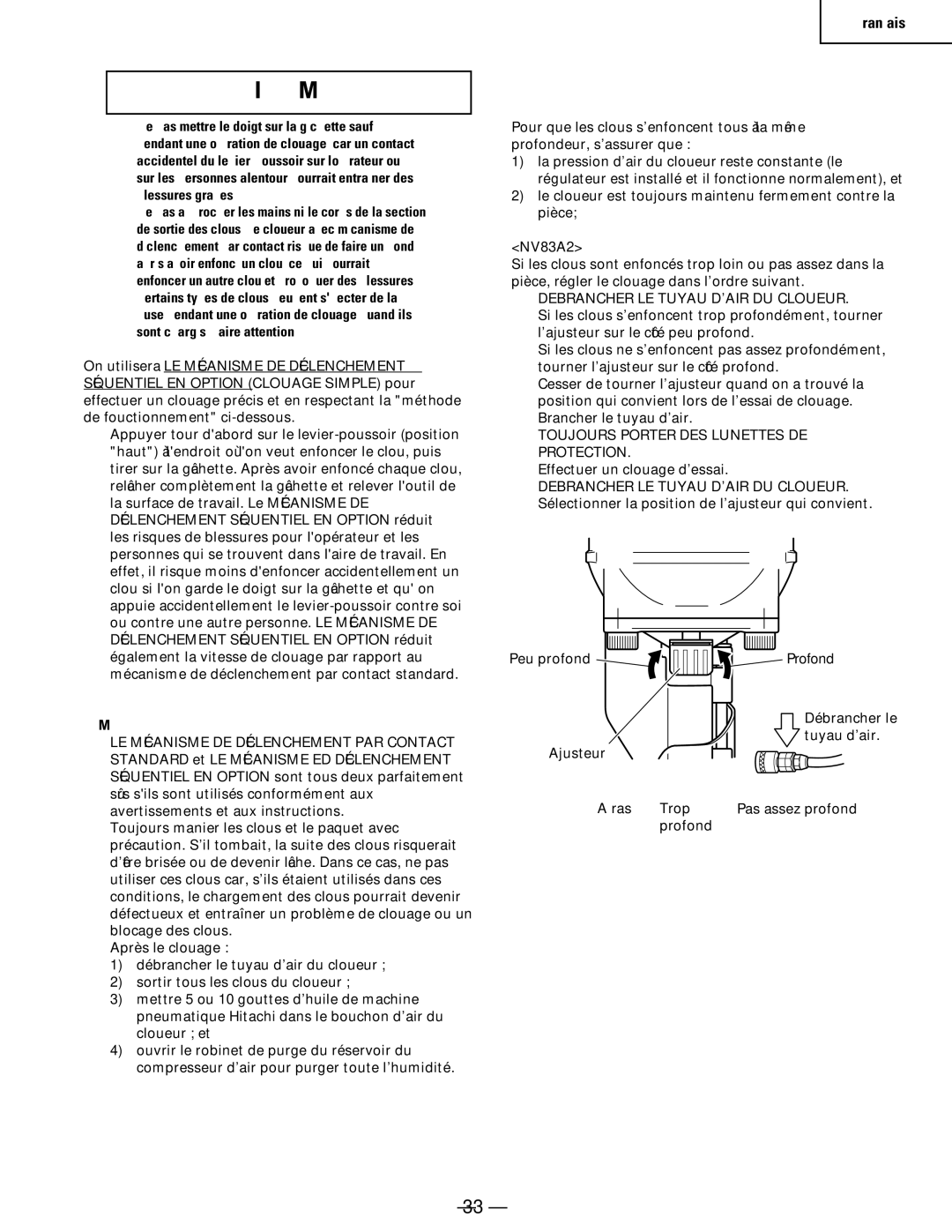 Hitachi Koki USA NV65AC, NV83a2, NV 50A1 manual Reglage DE LA Profondeur DE Clouage, Debrancher LE Tuyau D’AIR DU Cloueur 