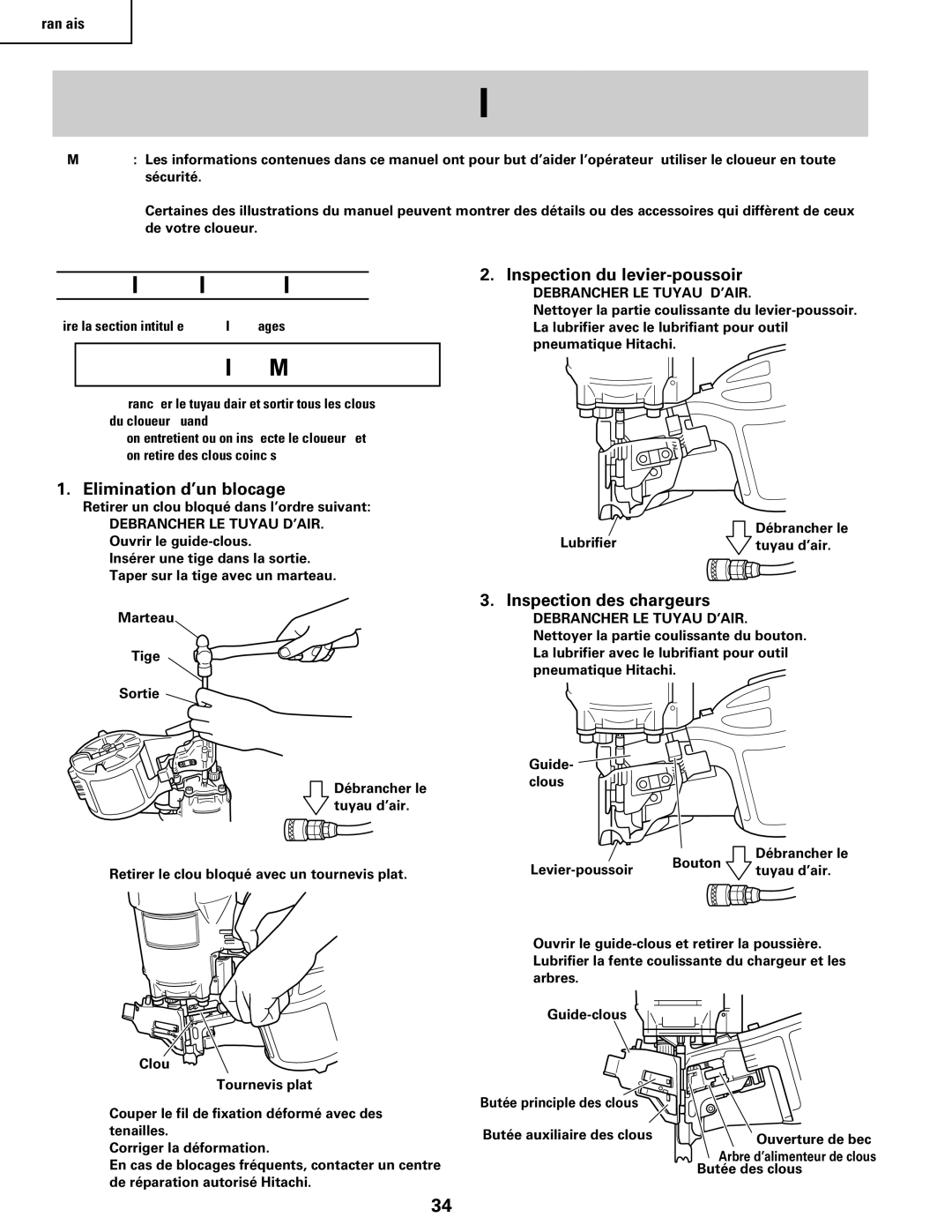 Hitachi Koki USA NV83a2, NV65AC manual Entretien ET Inspection, Elimination d’un blocage, Inspection du levier-poussoir 