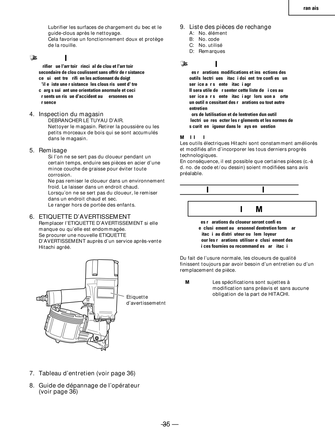 Hitachi Koki USA NV 50A1, NV65AC, NV83a2 manual Entretien ET Reparations Avertissement, Inspection du magasin, Remisage 