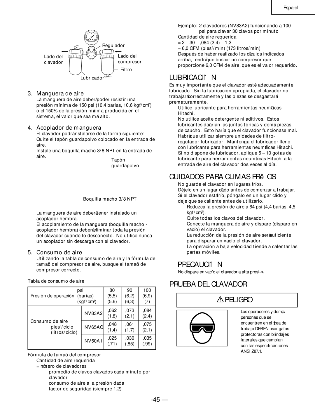 Hitachi Koki USA NV65AC, NV83a2, NV 50A1 Lubricación, Cuidados Para Climas Fríos, Precaución, Prueba DEL Clavador Peligro 