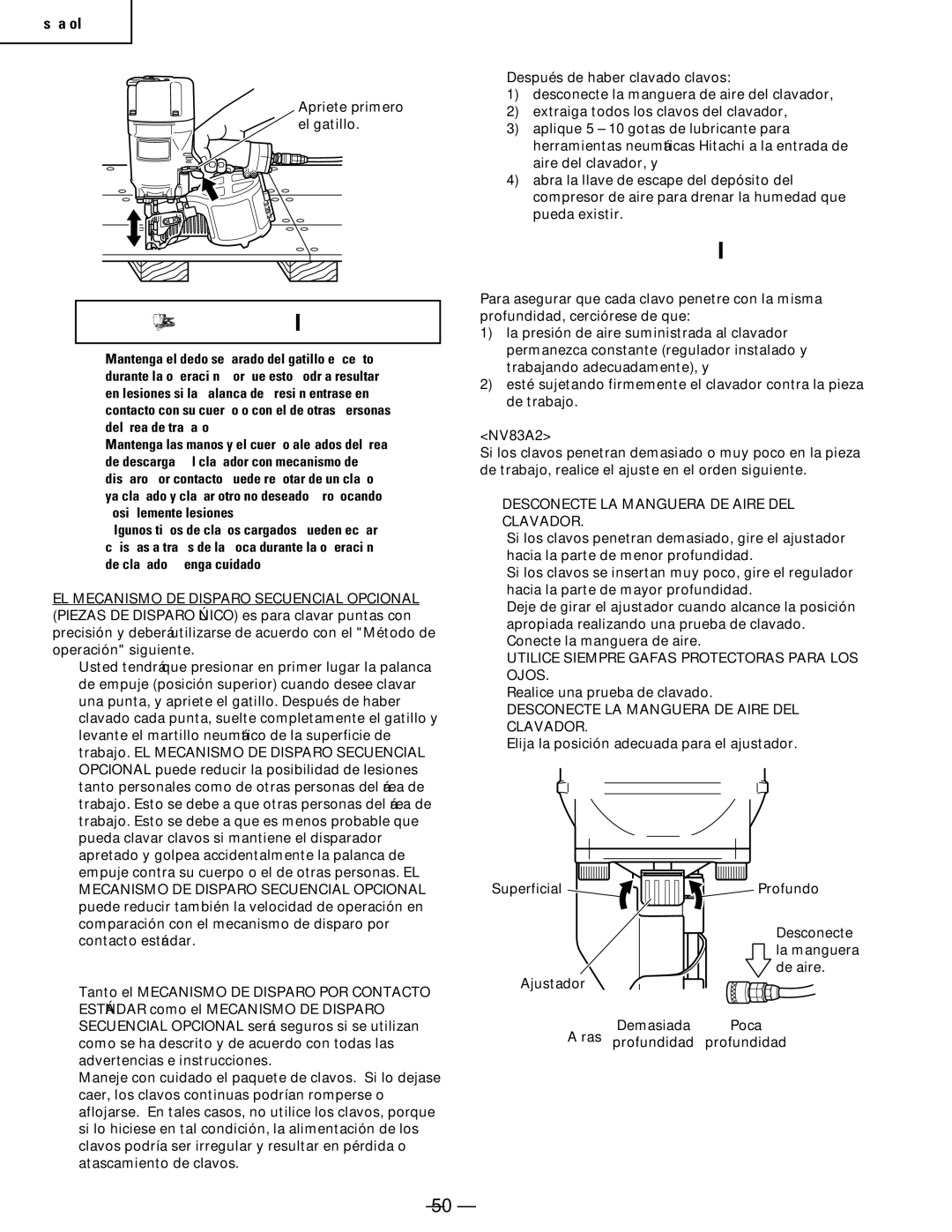 Hitachi Koki USA NV 50A1, NV65AC, NV83a2 Ajuste DE LA Profundidad DE Clavado, Desconecte LA Manguera DE Aire DEL Clavador 