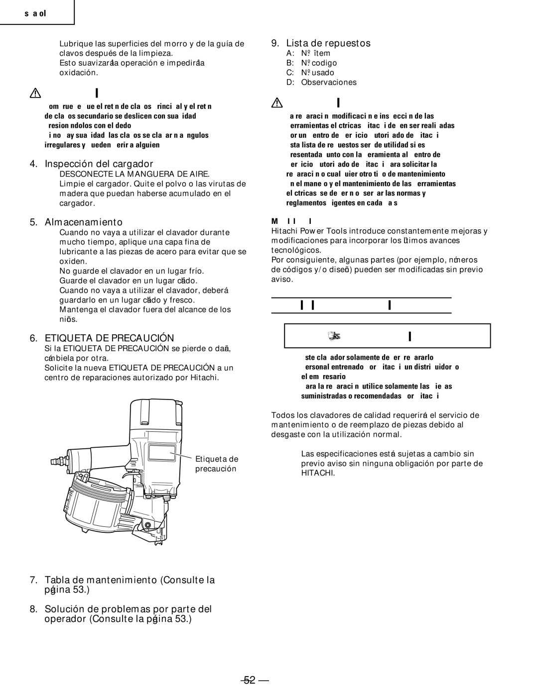 Hitachi Koki USA NV83a2 Servicio Y Reparaciones Advertencia, Inspección del cargador, Almacenamiento, Lista de repuestos 