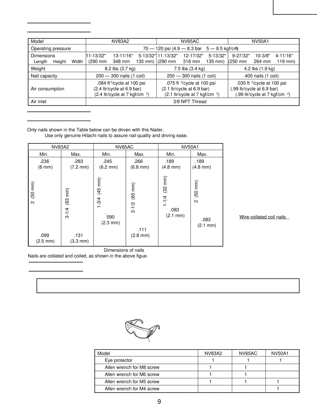 Hitachi Koki USA NV65AC, NV83a2, NV 50A1 manual Nail Selection, Standard Accessories 