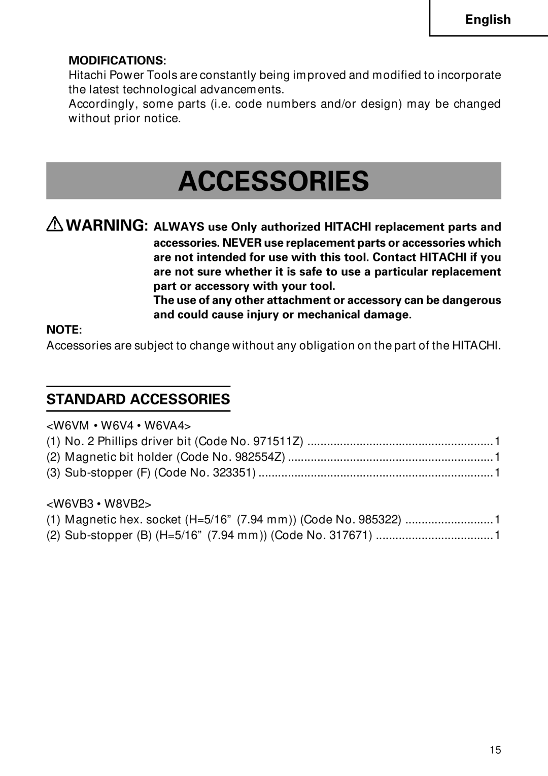 Hitachi Koki USA W8VB2, W6B3, W6VA4, W6VM, W6V4 instruction manual Standard Accessories, Modifications 