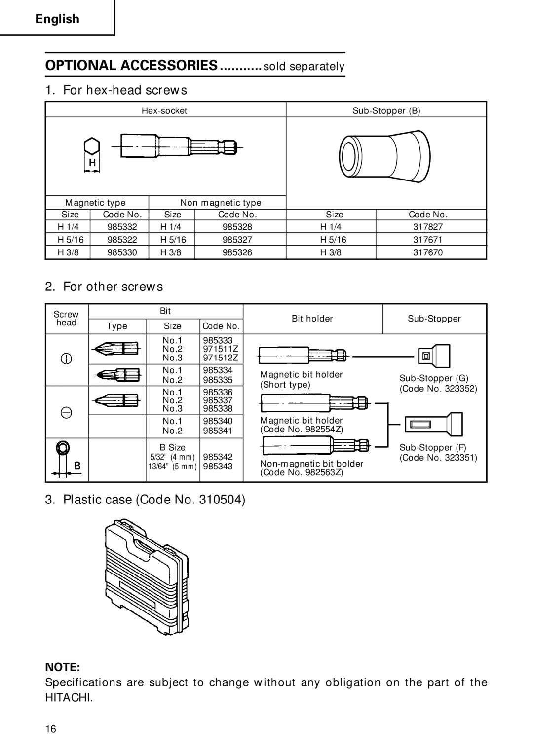 Hitachi Koki USA W6B3, W8VB2, W6VA4, W6VM, W6V4 instruction manual For hex-head screws, For other screws, Plastic case Code No 