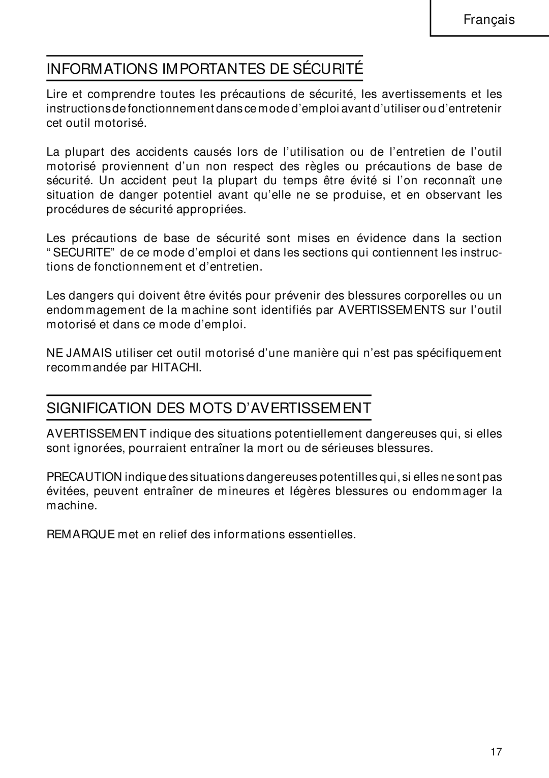 Hitachi Koki USA W6VA4, W8VB2, W6B3, W6VM, W6V4 Informations Importantes DE Sécurité, Signification DES Mots D’AVERTISSEMENT 